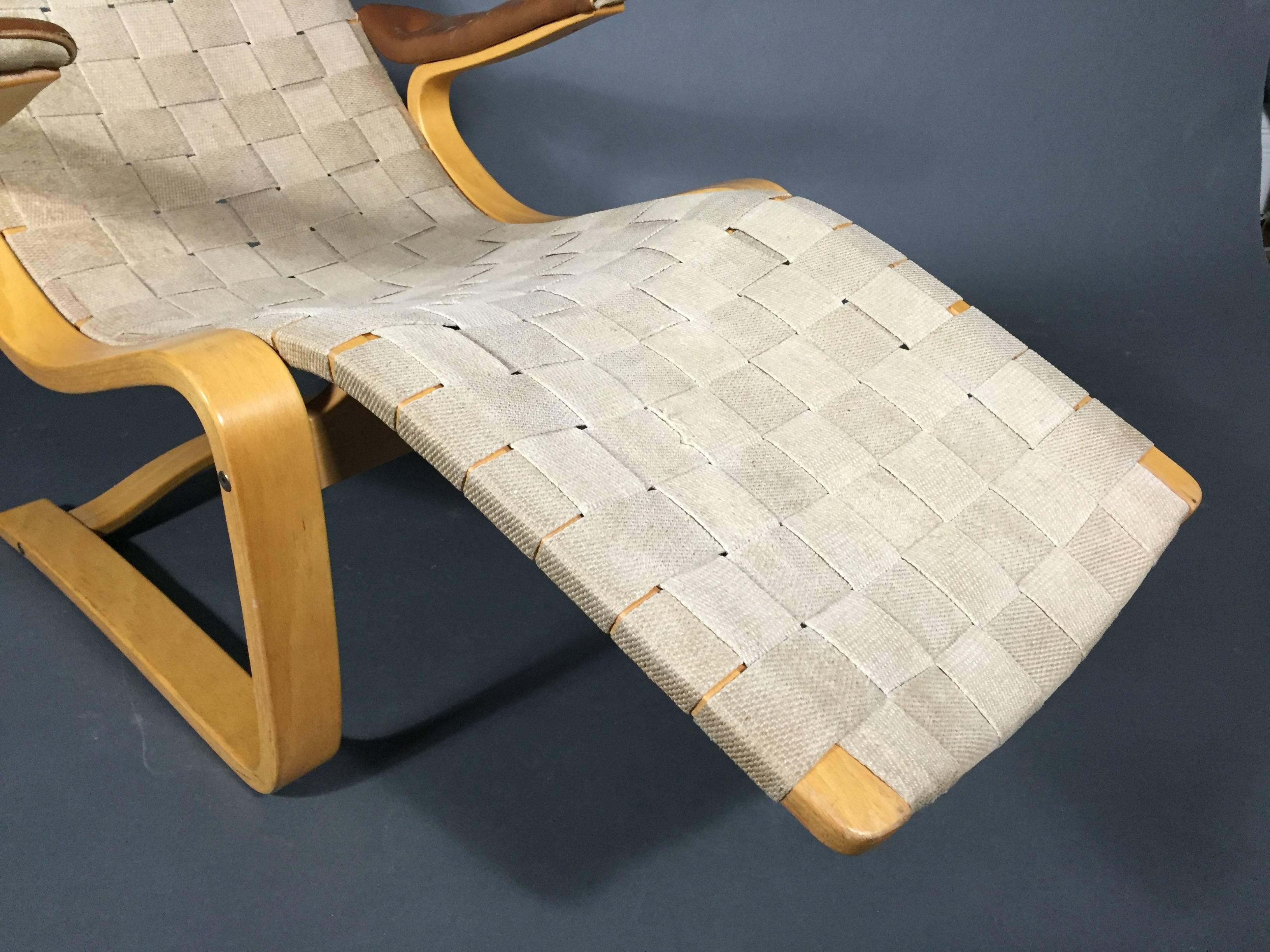 Mid-20th Century Gustaf Axel Berg Lounge Chair, Cotton Webbing, Leather, Sweden, 1949