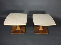 Pair of Italian Mid-Century Travertine and Carved Oak Side Tables