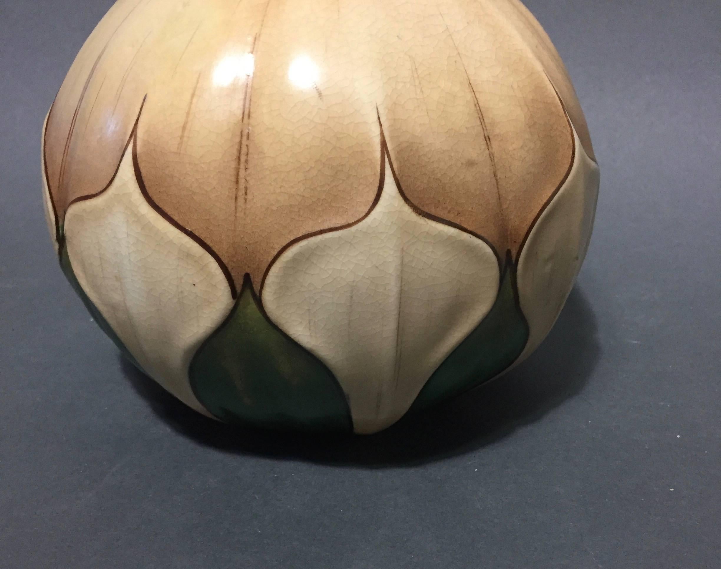 A unique and gorgeous ceramic vase in the shape of a double gourde with gold-gilt rim, Marked with the Amphora crown mark, Amphora oval, and Austria oval. Impressed 890. Condition (Near Mint), Vienna, Austria, circa 1910.