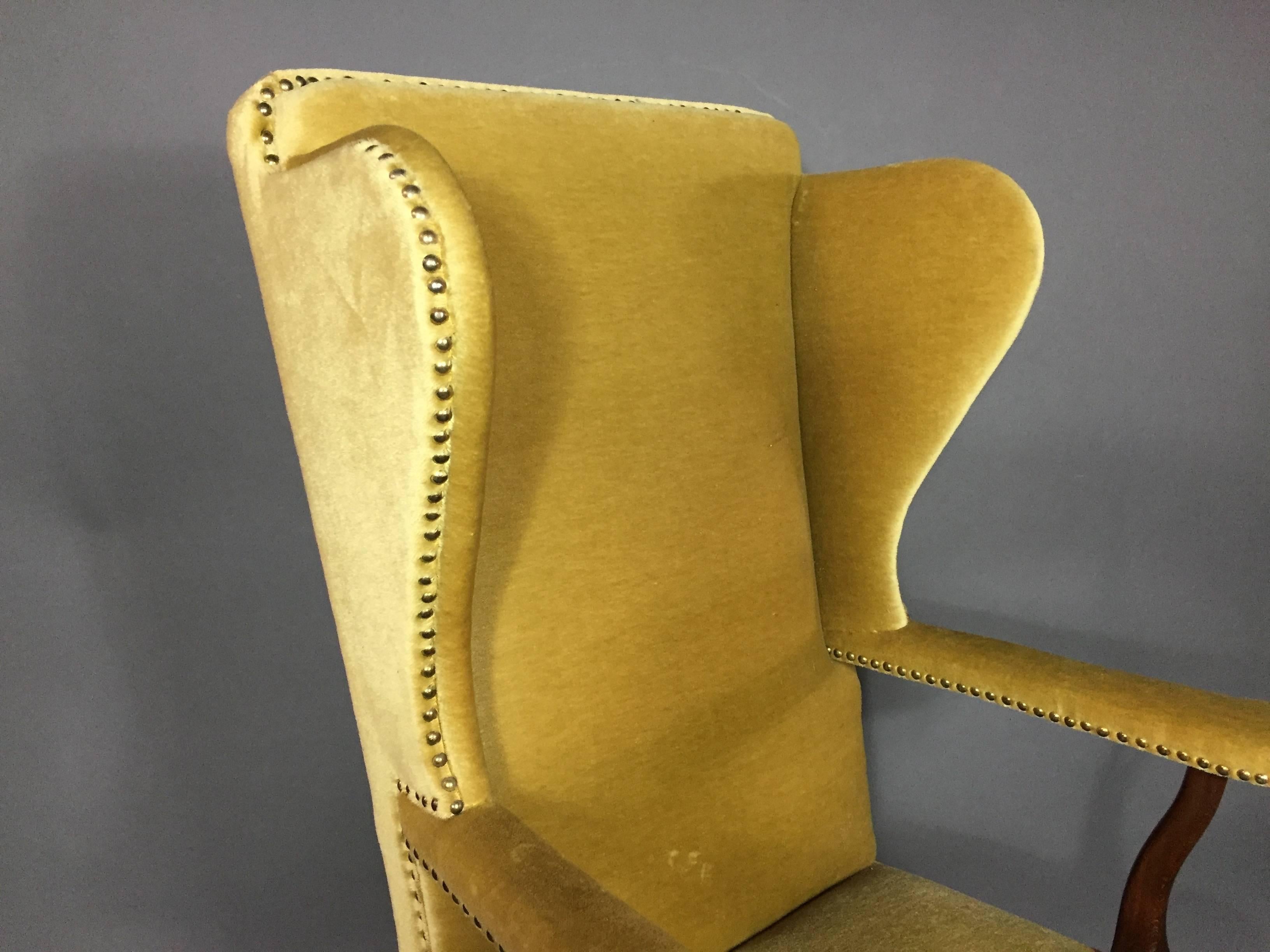 Scandinavian Modern Frits Henningsen Attributed to Wingback Chair in Gold Mohair, Denmark