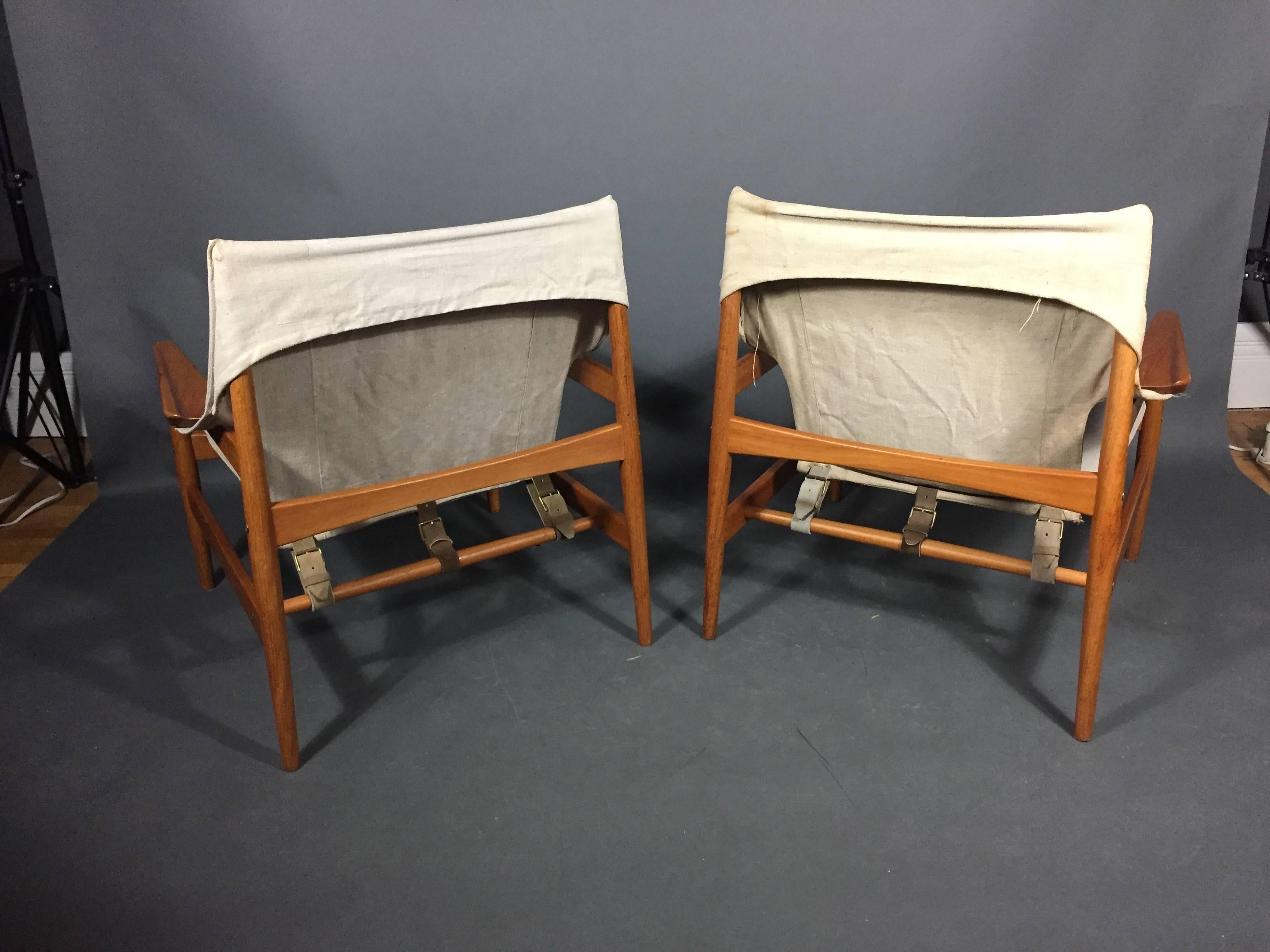 Swedish Pair of Hans Olsen Attributed Canvas and Teak Sling Chairs, Sweden, 1970