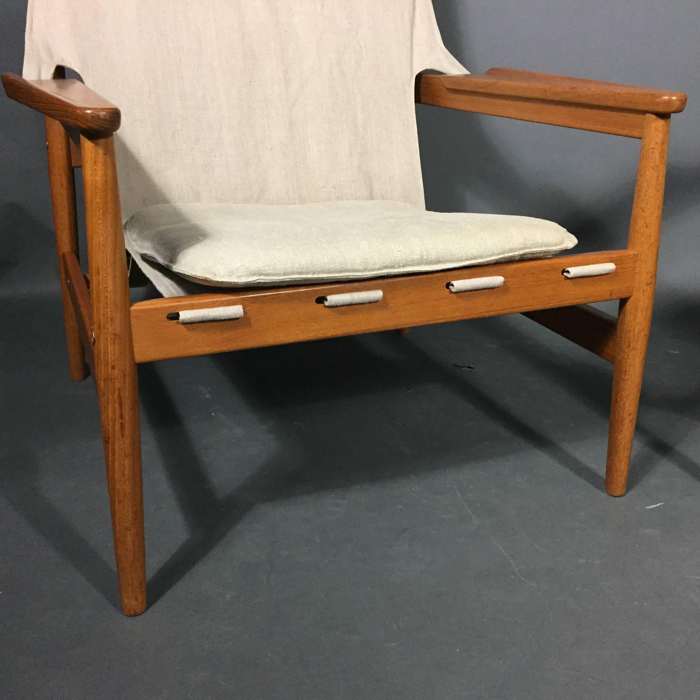 Late 20th Century Pair of Hans Olsen Attributed Canvas and Teak Sling Chairs, Sweden, 1970
