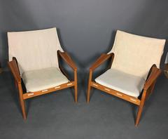 Pair of Hans Olsen Attributed Canvas and Teak Sling Chairs, Sweden, 1970