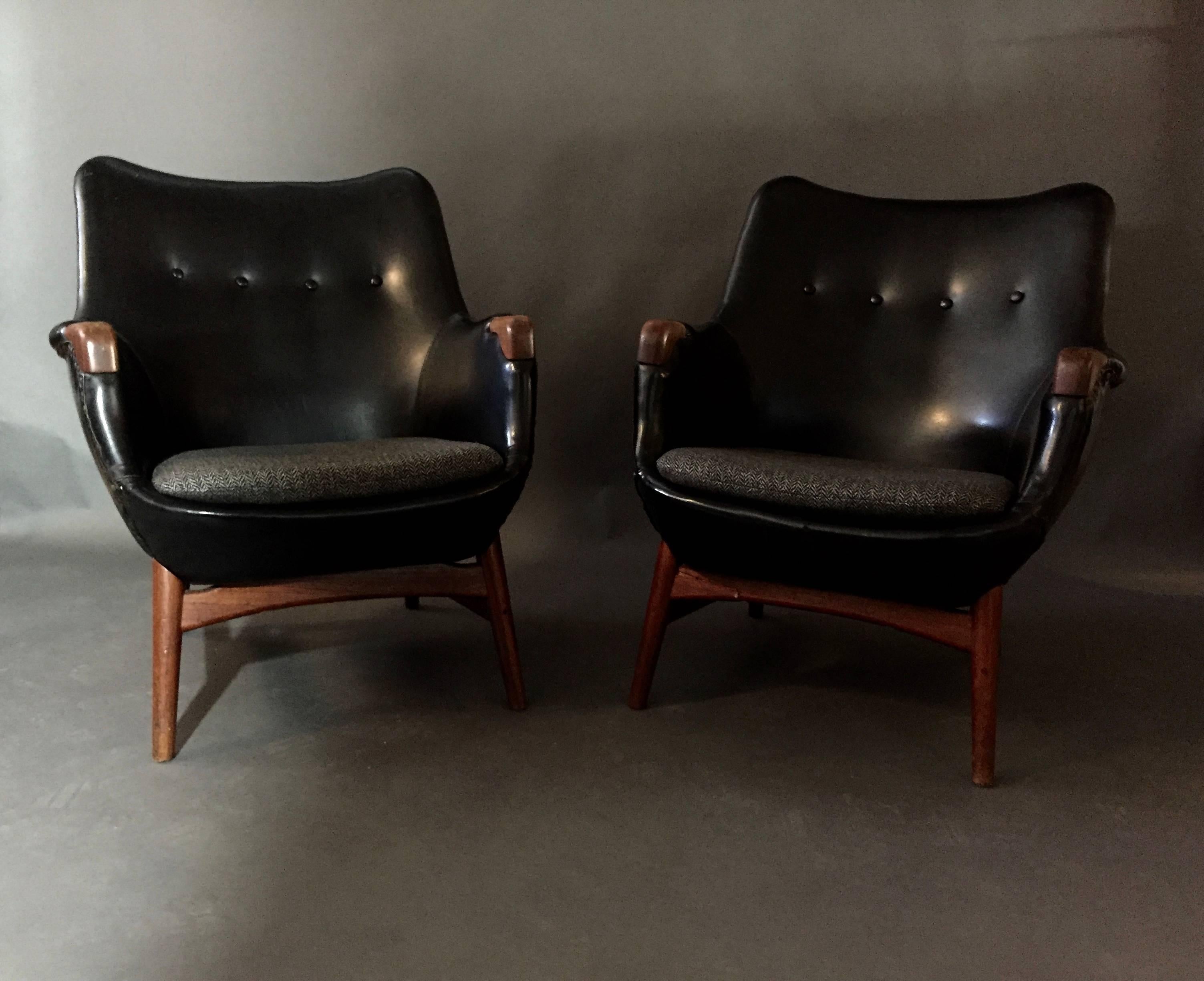 Scandinavian Modern Pair of Erling Torvits Lounge Chairs, Black Naugahyde and Teak, Denmark, 1956