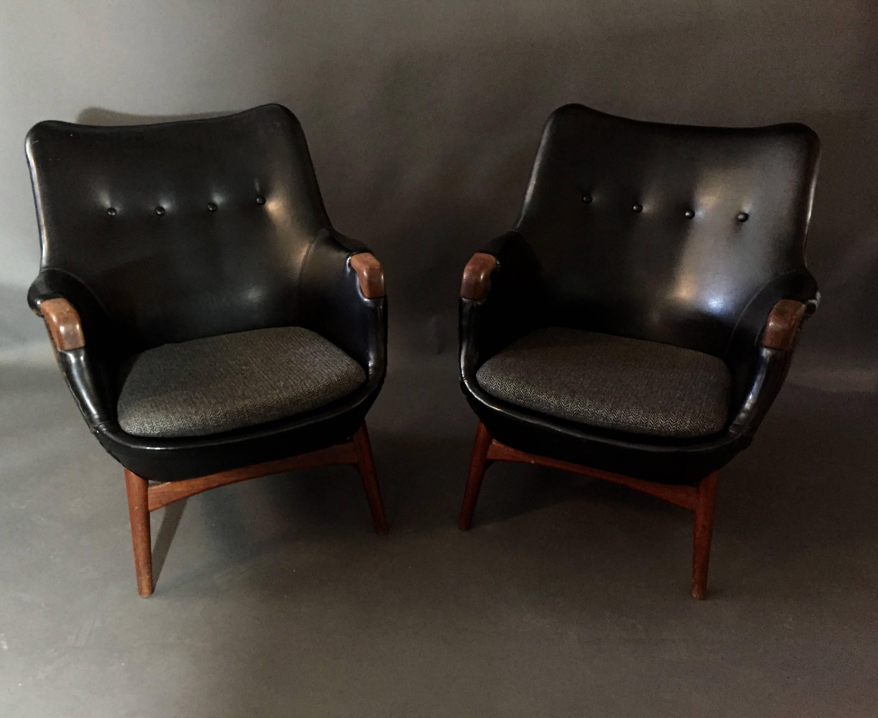 Pair of Erling Torvits Lounge Chairs, Black Naugahyde and Teak, Denmark, 1956 1