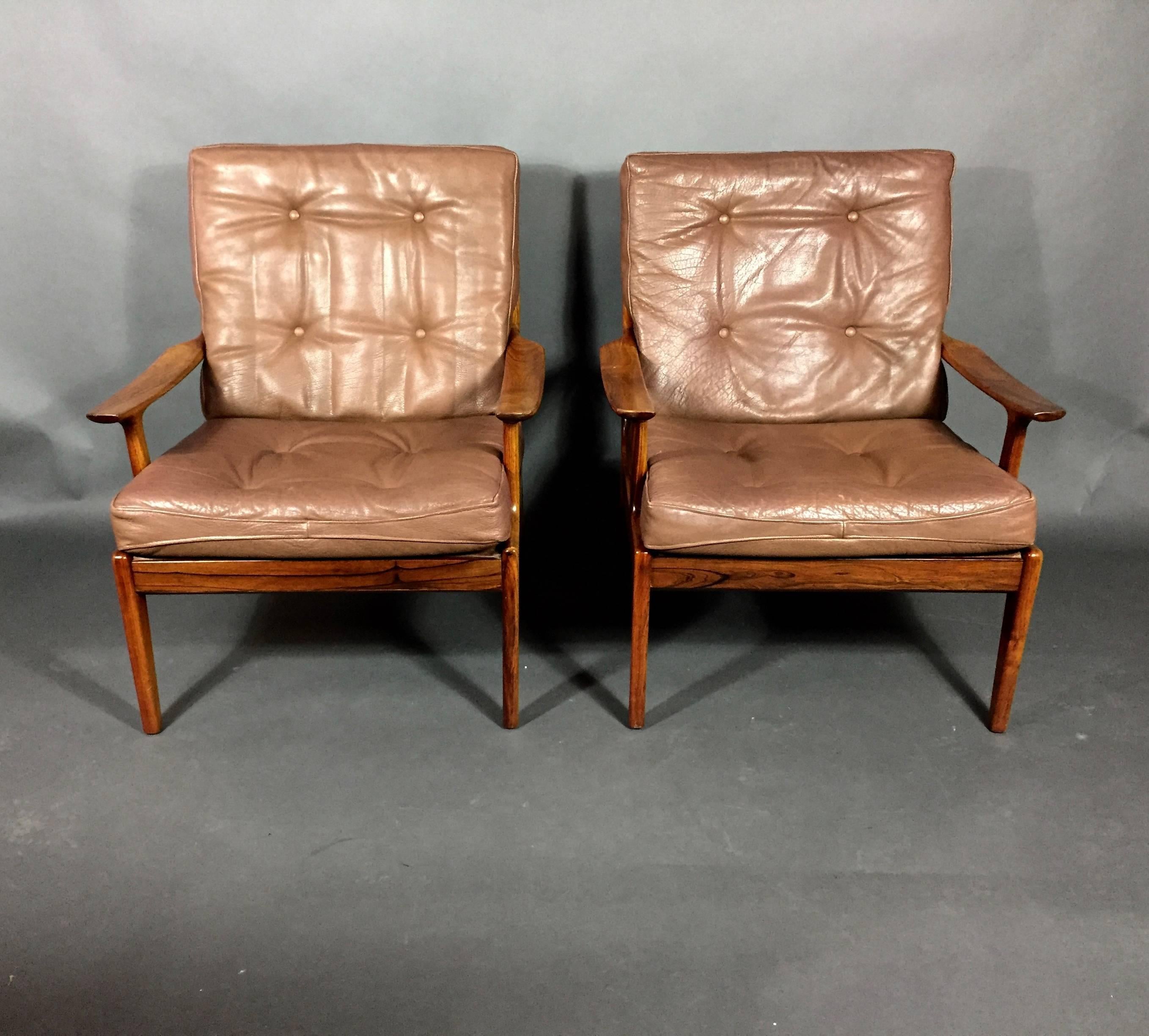 Scandinavian Modern Solid Rosewood and Leather Lounge Chairs, Denmark, circa 1970
