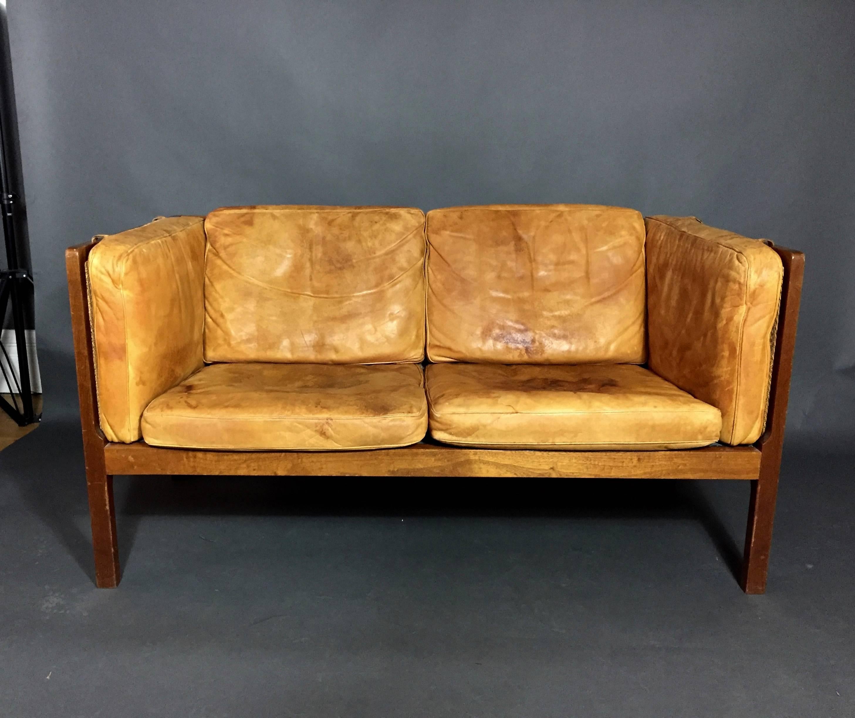 Bernt Petersen Two-Seat Leather and Cane Sofa by Wørts, Denmark, 1964 In Good Condition In Hudson, NY
