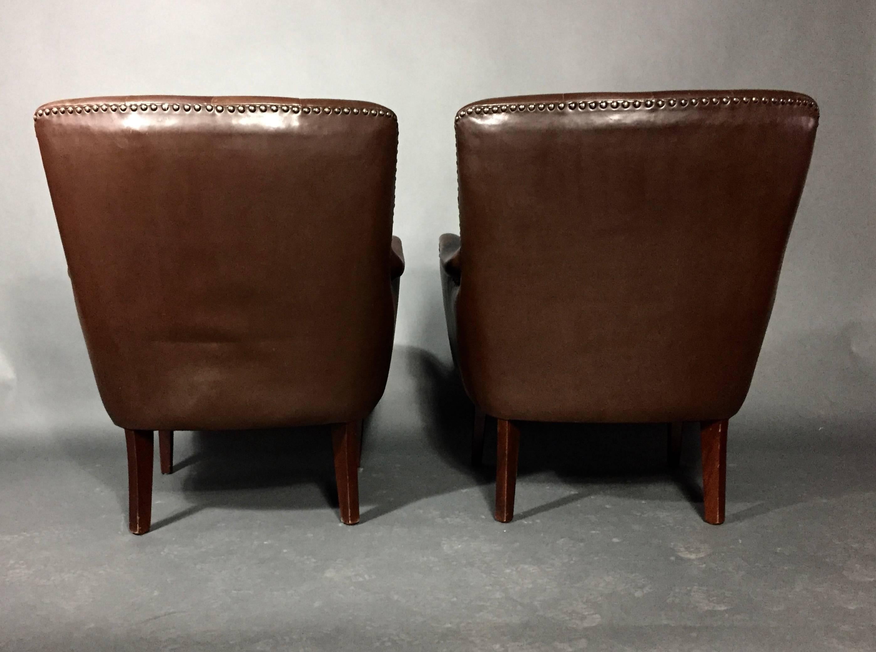 Pair of 1950s Danish Buttoned Leather Lounge Chairs 2