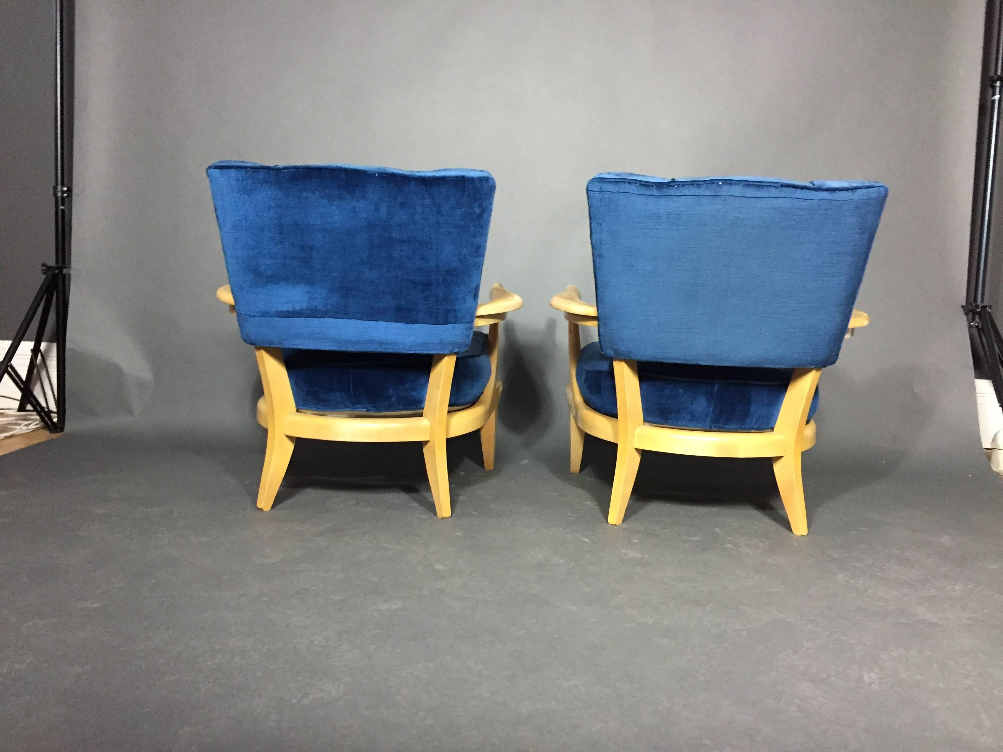 Mid-Century Modern Pair of French Lacquered Mahogany and Velvet Lounge Chairs, 1950s