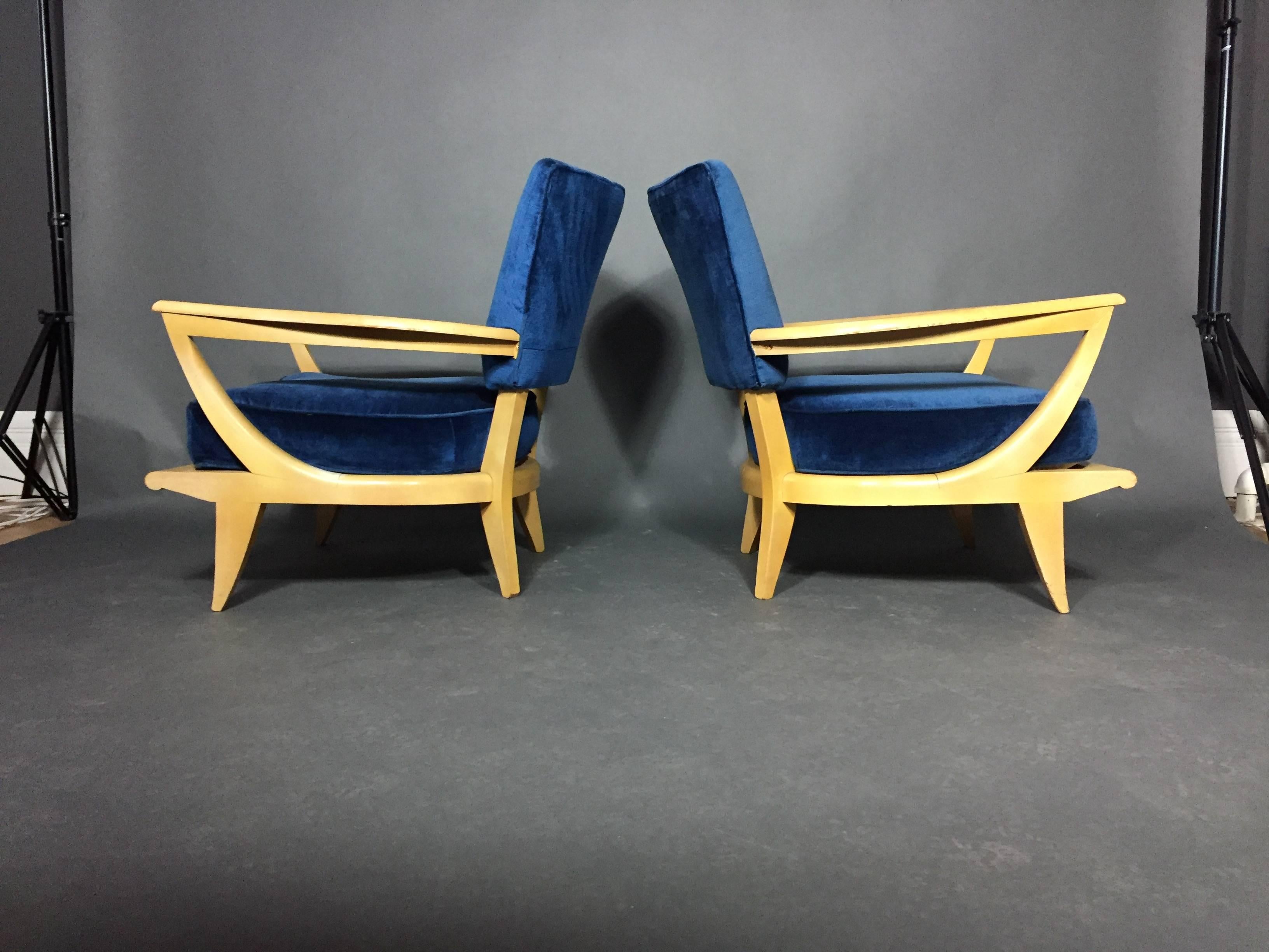 Pair of French Lacquered Mahogany and Velvet Lounge Chairs, 1950s In Good Condition In Hudson, NY
