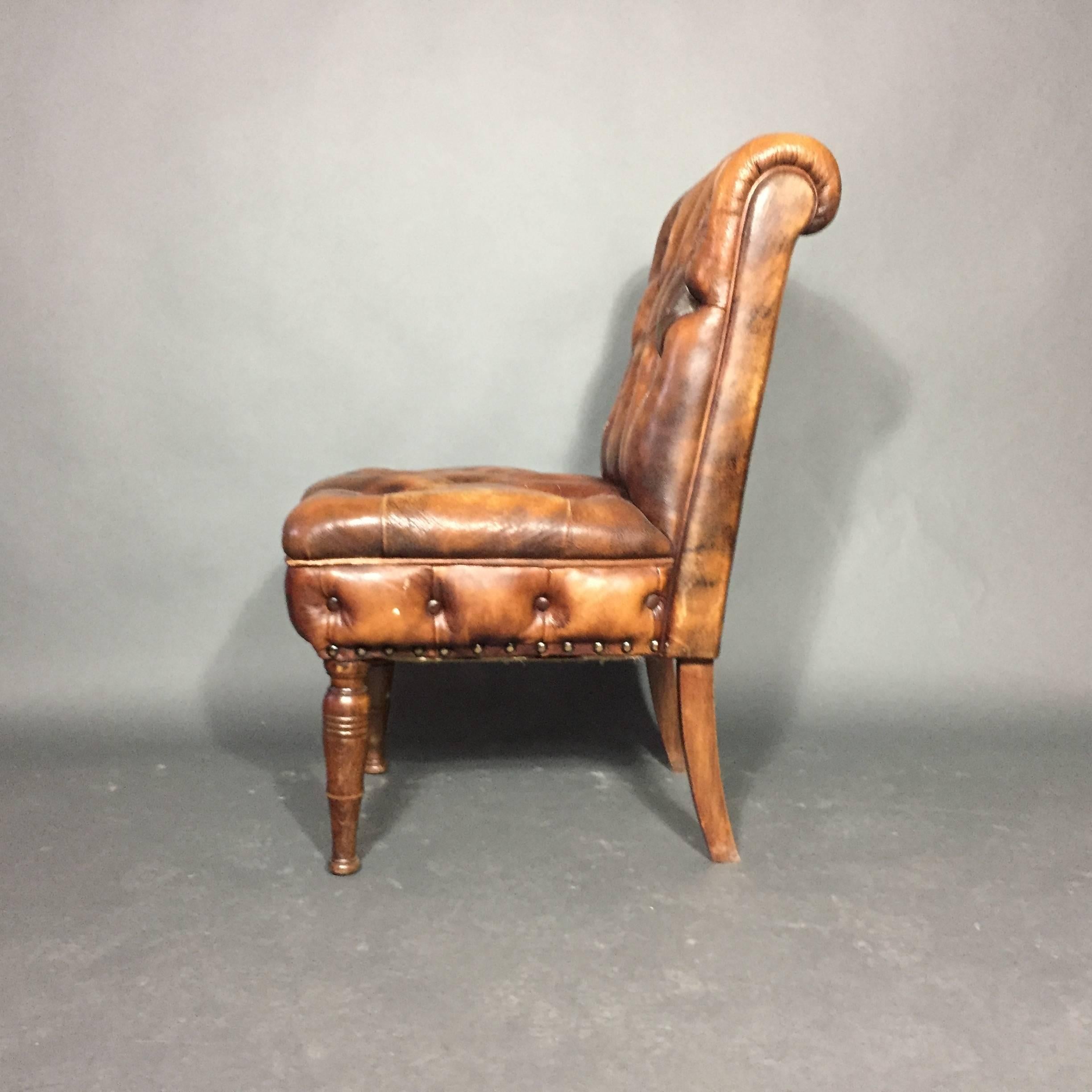 Early 20th Century English Chesterfield Slipper Chair, 1920s, Updated Leather