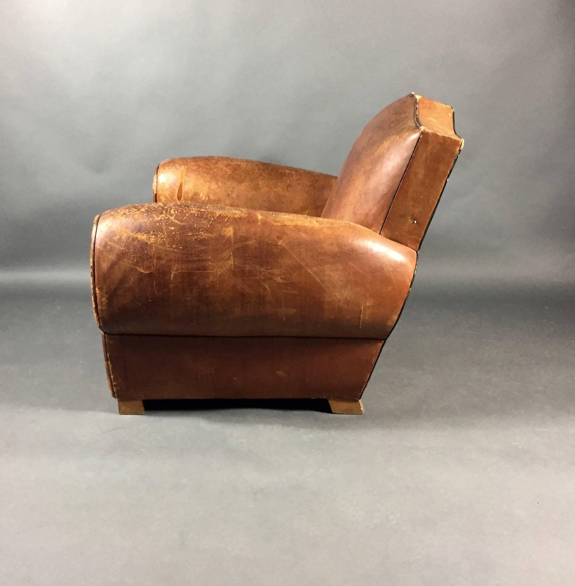Art Deco Late 1930s French Leather Mustache Club Chair