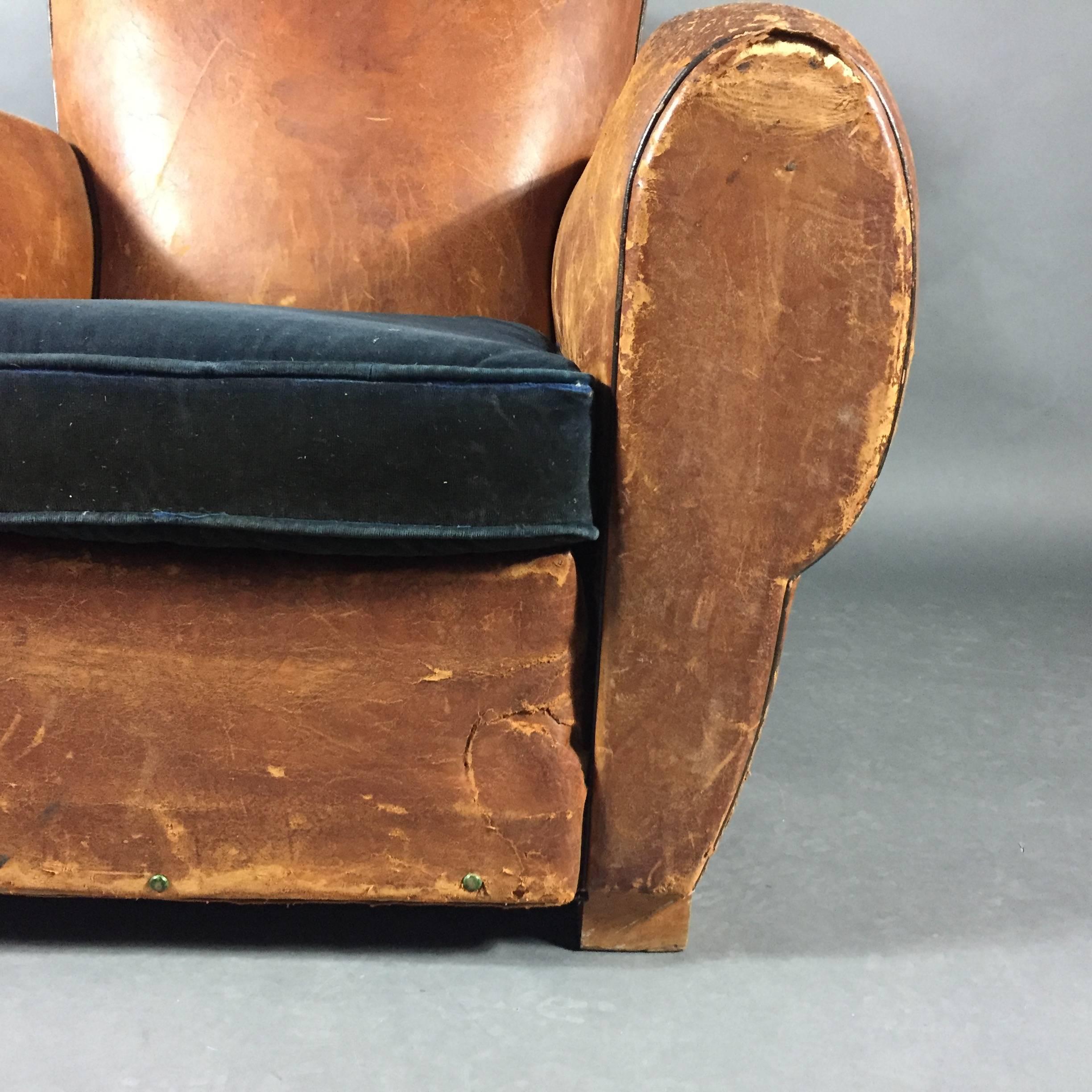 Late 1930s French Leather Mustache Club Chair In Good Condition In Hudson, NY