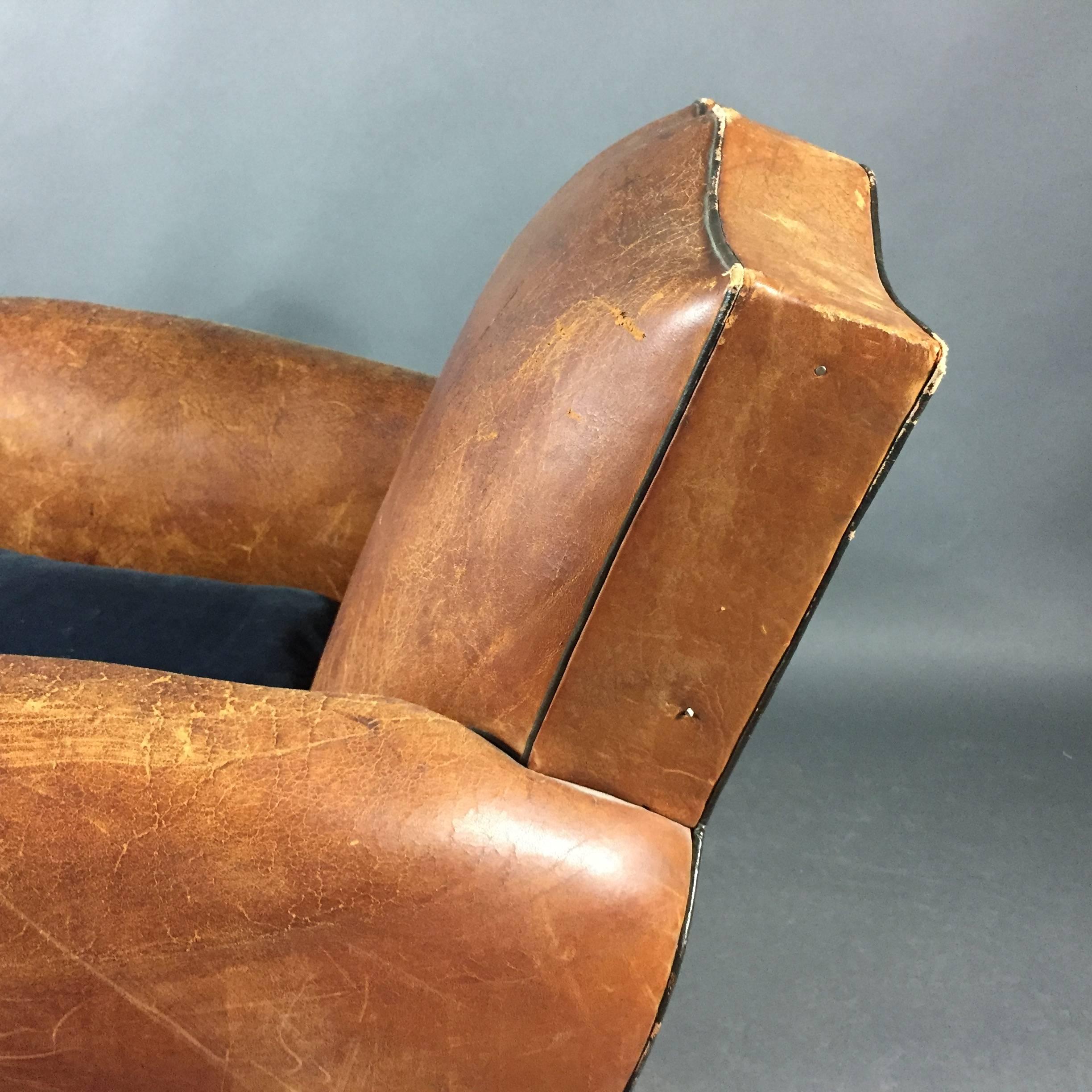 Late 1930s French Leather Mustache Club Chair 1