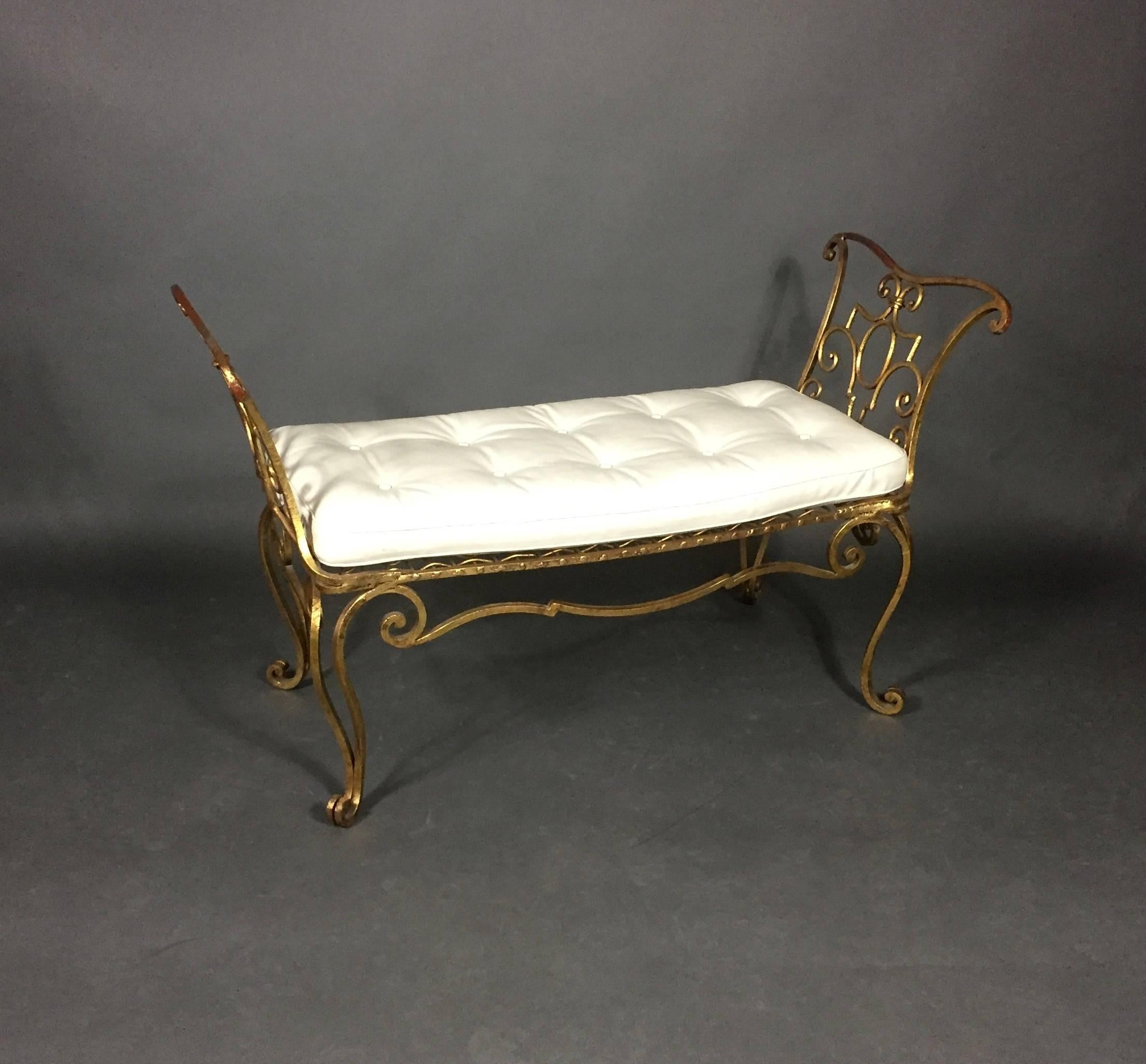 Gilt Jean-Charles Moreux Gilded Iron and Leather Bench, France, 1940s