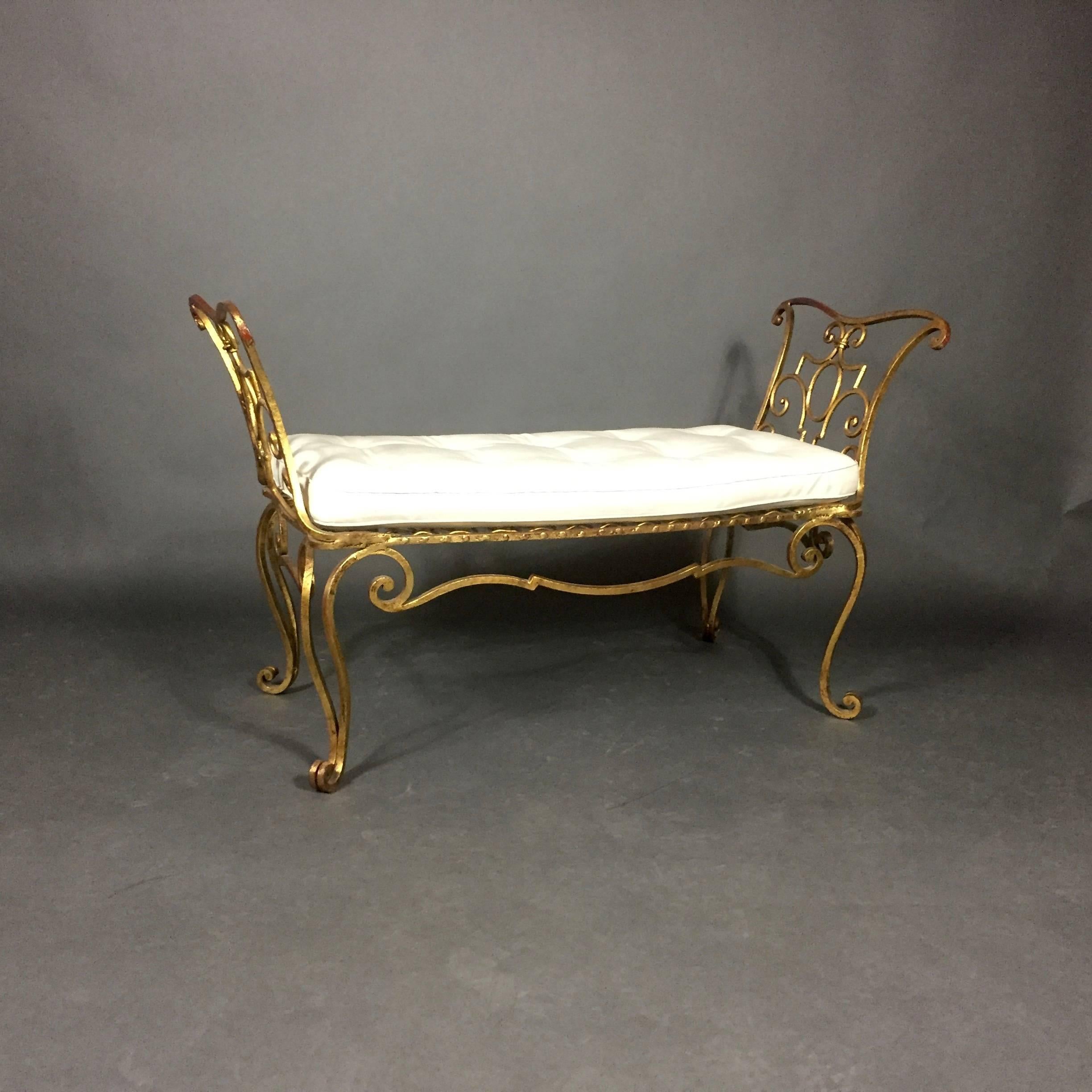 Jean-Charles Moreux Gilded Iron and Leather Bench, France, 1940s In Excellent Condition In Hudson, NY