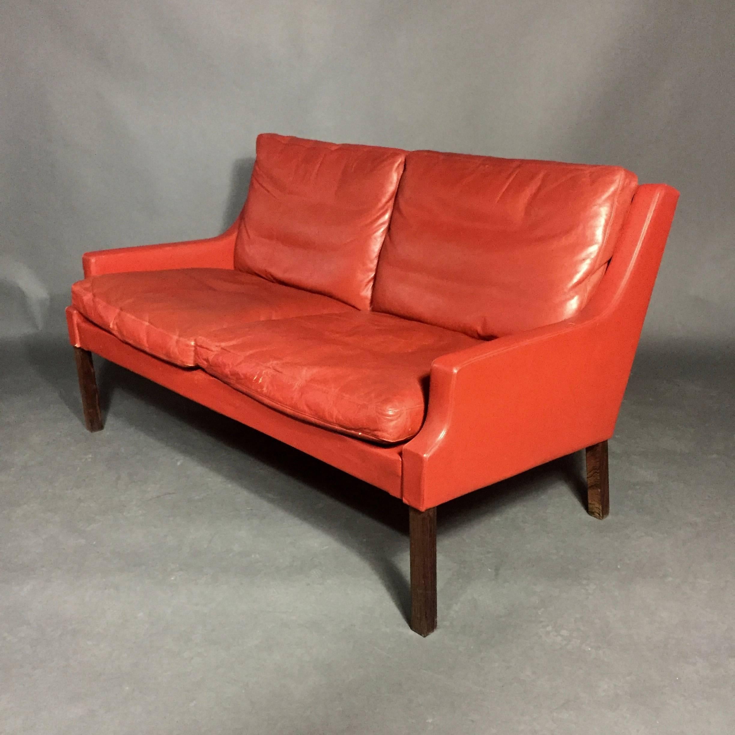 Danish George Thams Red Leather and Rosewood Sofa, Denmark, 1960s
