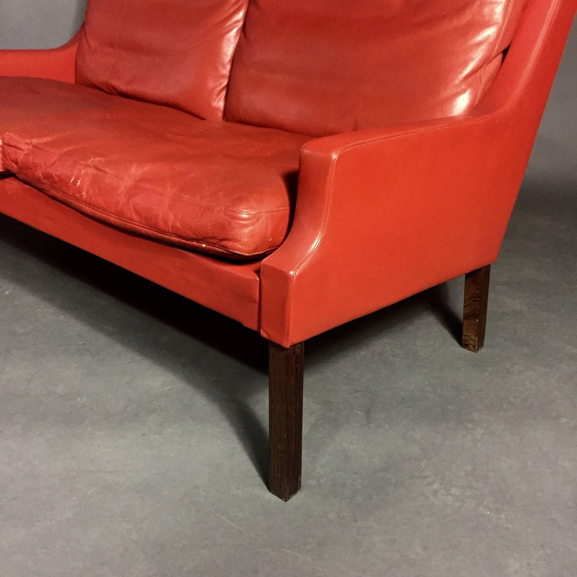 Mid-20th Century George Thams Red Leather and Rosewood Sofa, Denmark, 1960s
