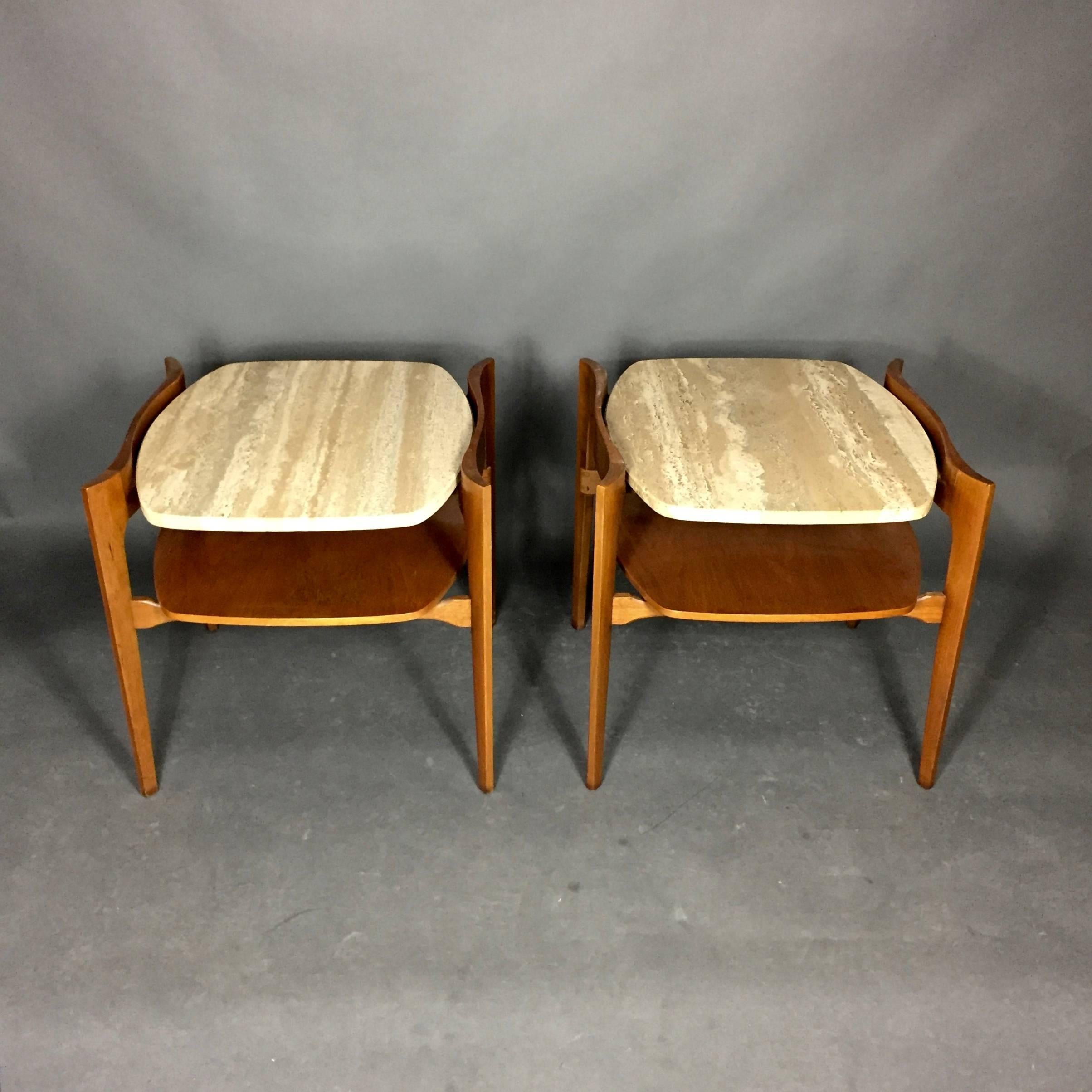 American Pair of Italian Travertine and Walnut End Tables, Walker Zanger, 1960s