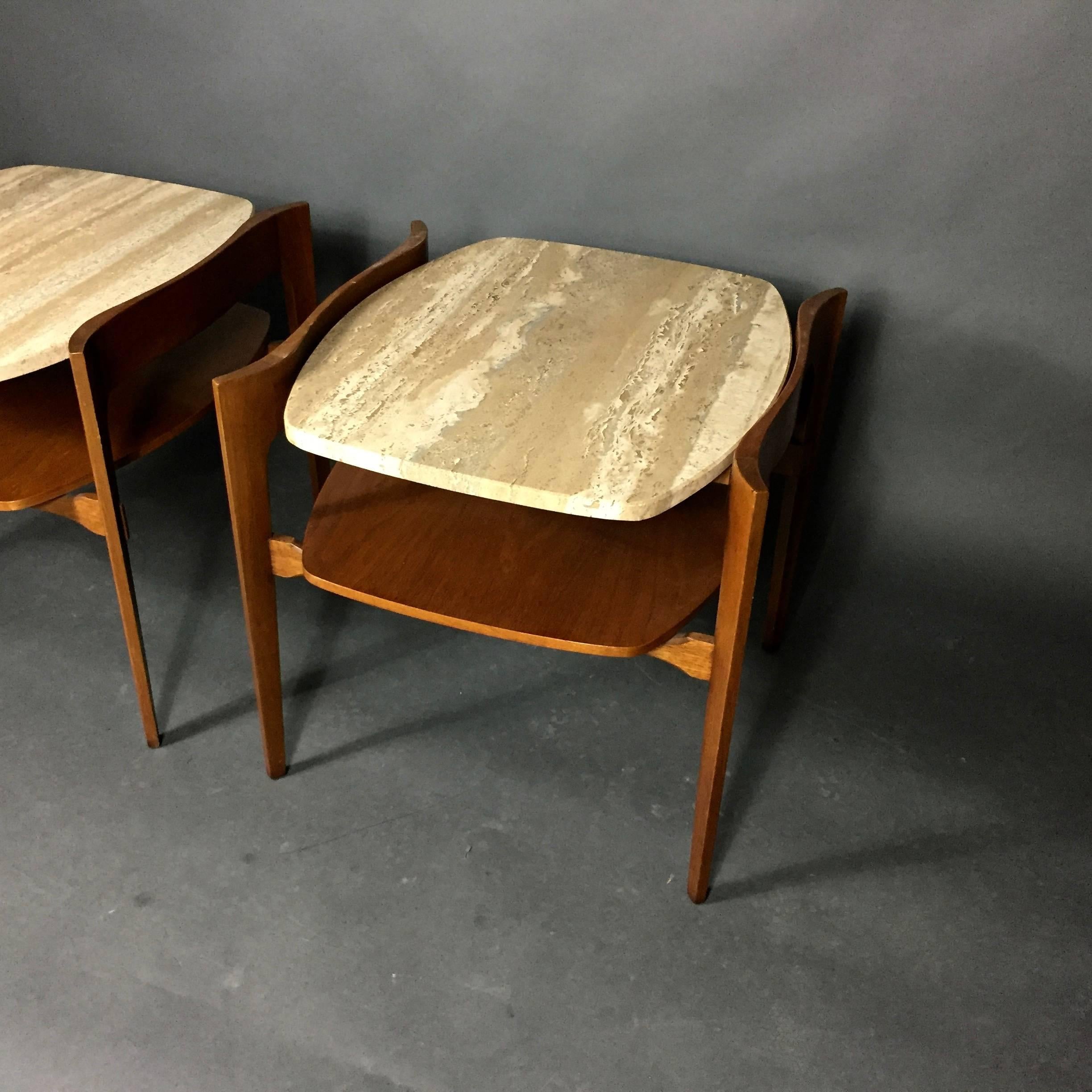 Pair of Italian Travertine and Walnut End Tables, Walker Zanger, 1960s 1
