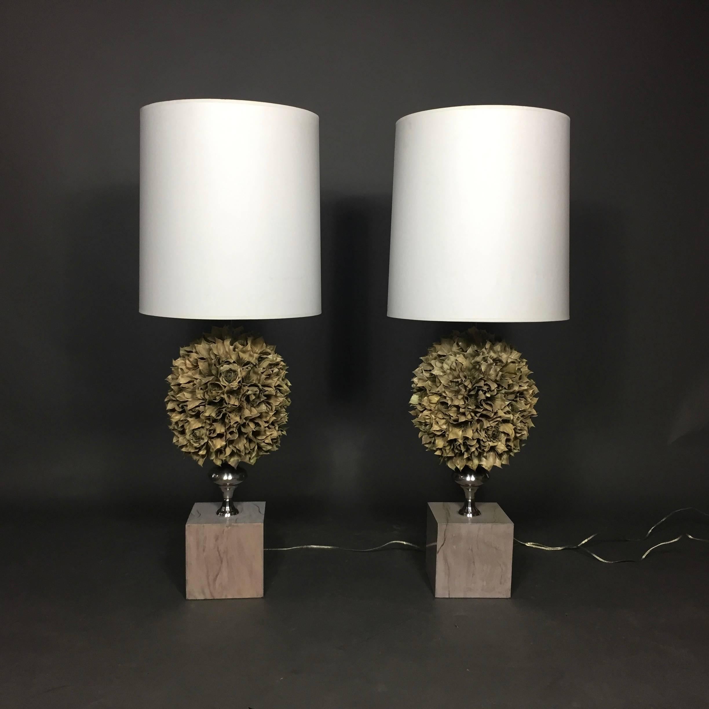 Gorgeous scale and warmth of mood on these pair of tall floral cluster lamps made from painted composite material over chrome and painted marble bases (weighted). Two-bulb design, late 1970s-early 1980s, likely American. Some paint loss to floral