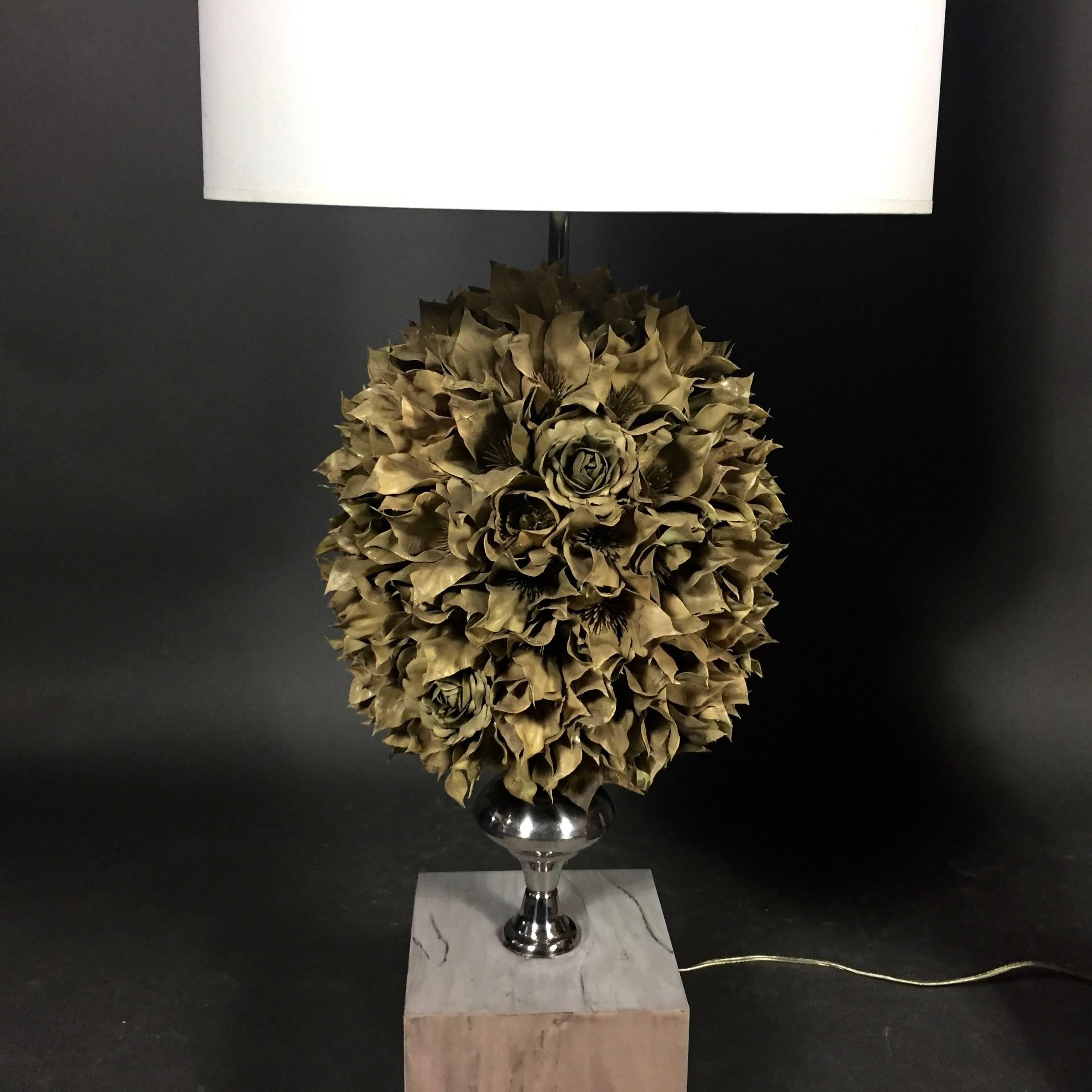 Hollywood Regency Pair of Tall American Faux Floral Cluster and Chrome Table Lamps For Sale