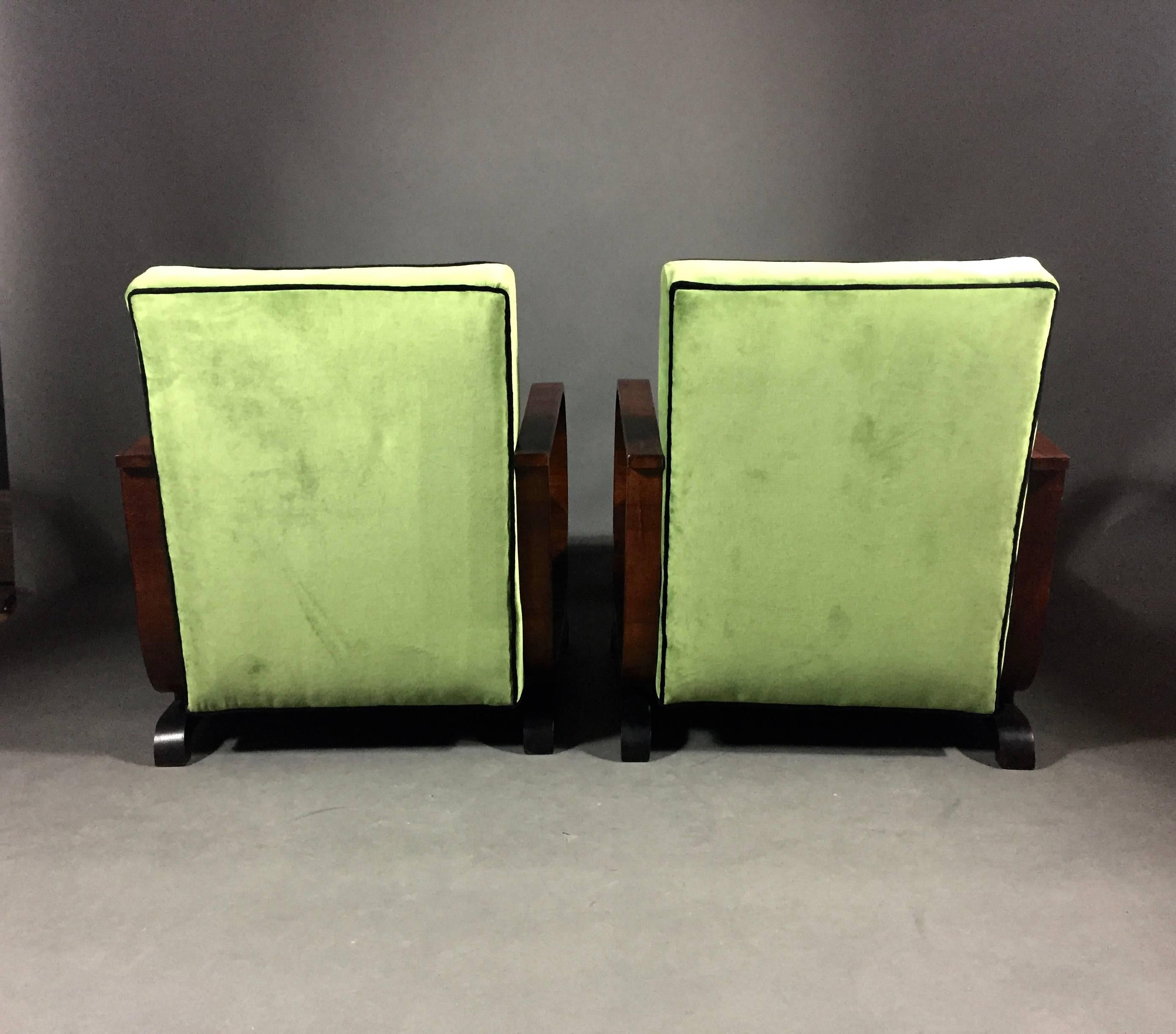 Pair of Art Deco Lounge Chairs in Walnut and Velvet, Late 1930s 5