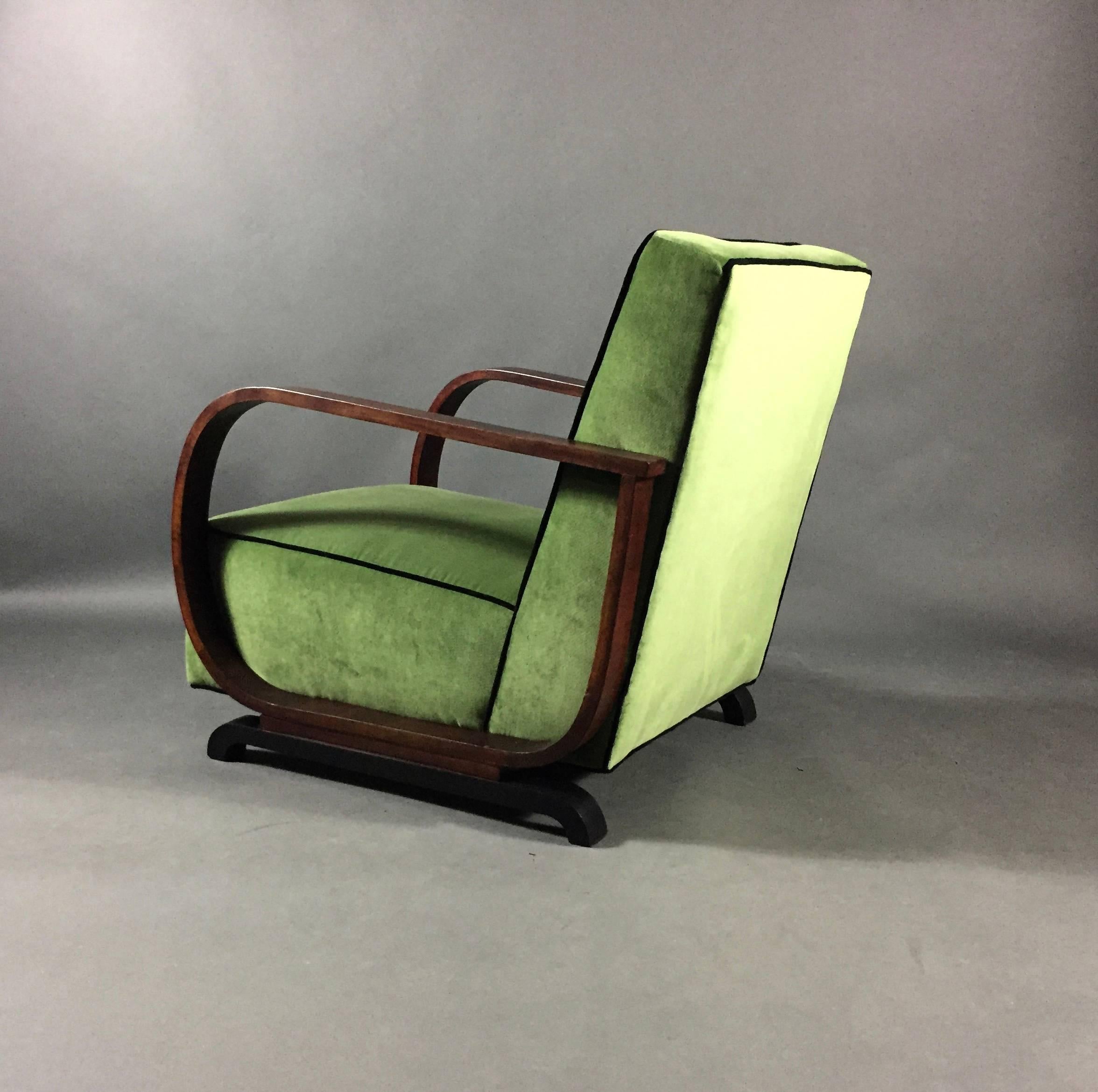 Pair of Art Deco Lounge Chairs in Walnut and Velvet, Late 1930s 1