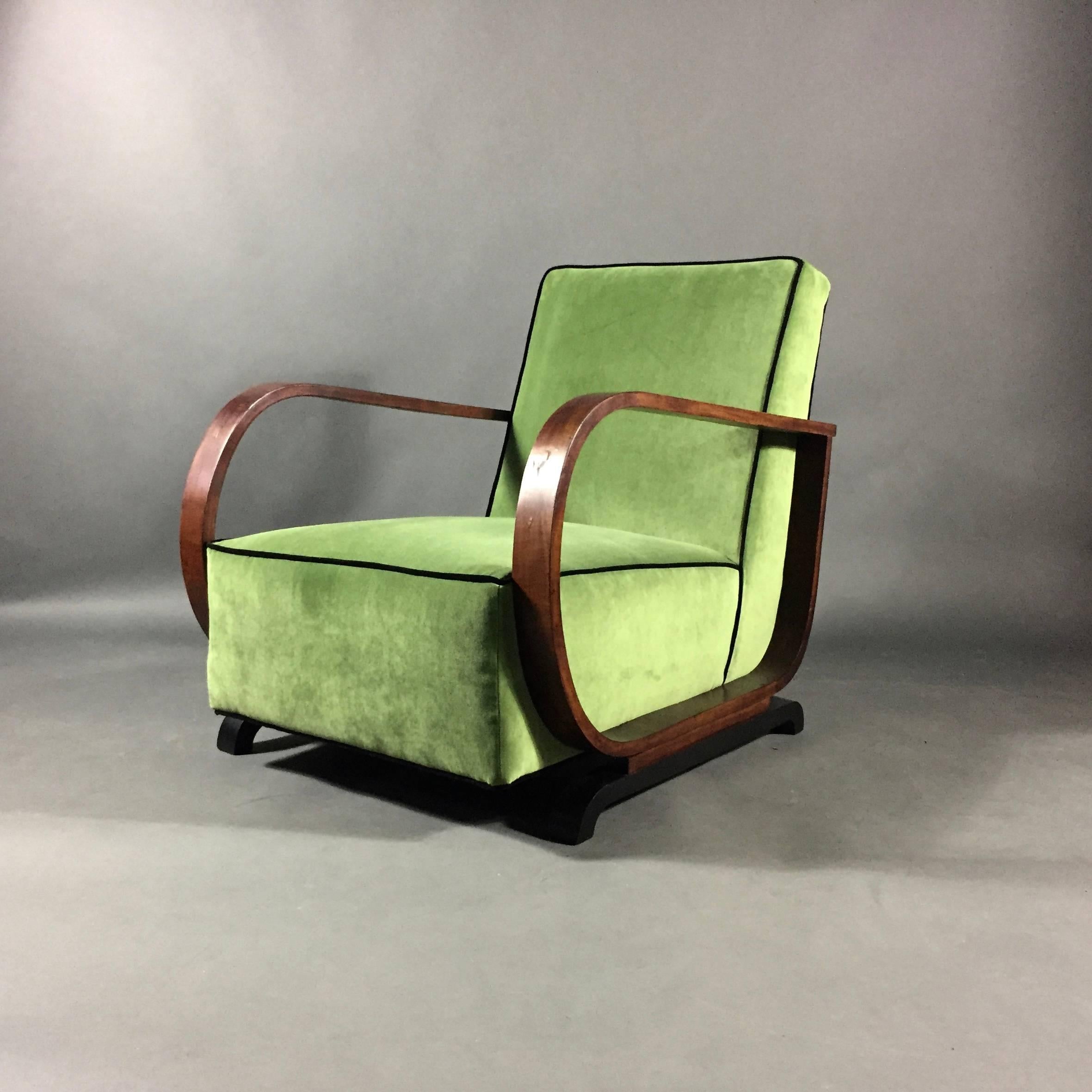 Pair of Art Deco Lounge Chairs in Walnut and Velvet, Late 1930s 2