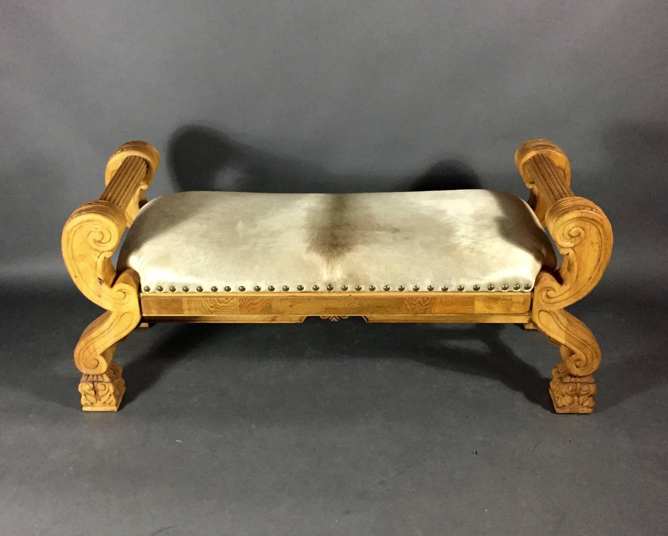 American Empire Carved Oak Scroll Arm Bench, Cowhide Seating, USA, 20th Century