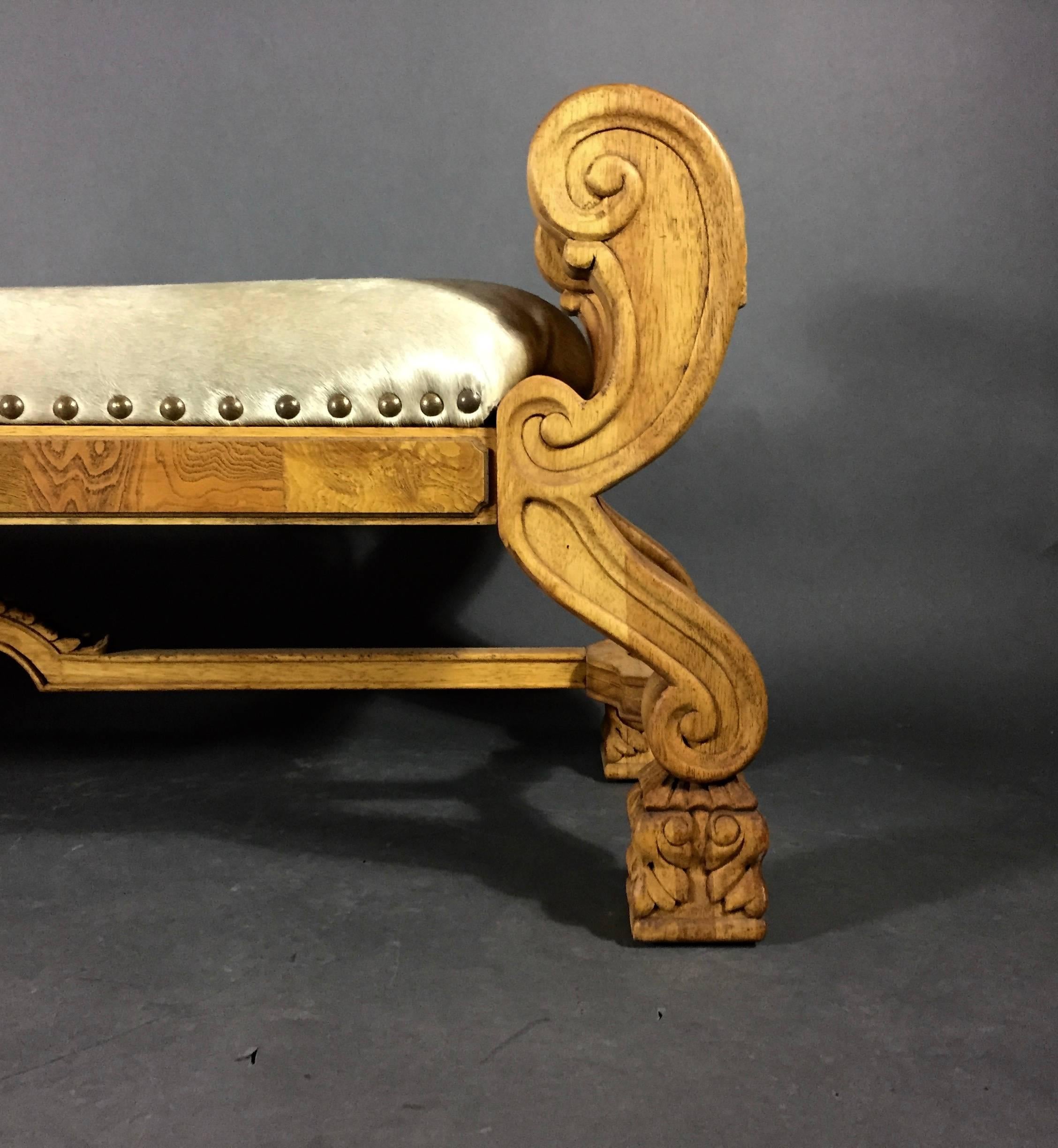 American Carved Oak Scroll Arm Bench, Cowhide Seating, USA, 20th Century