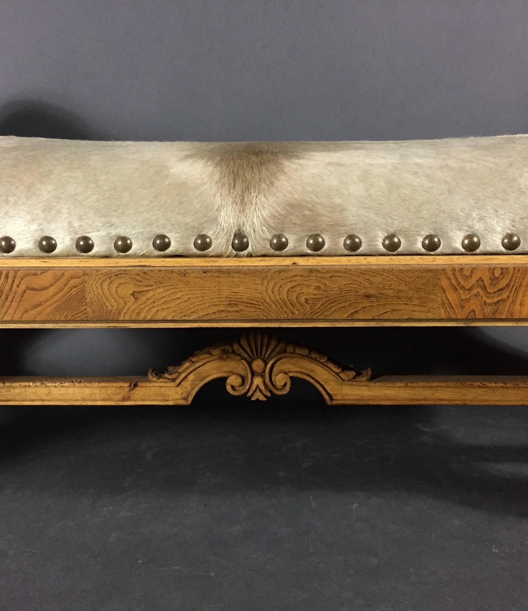 Carved Oak Scroll Arm Bench, Cowhide Seating, USA, 20th Century 4