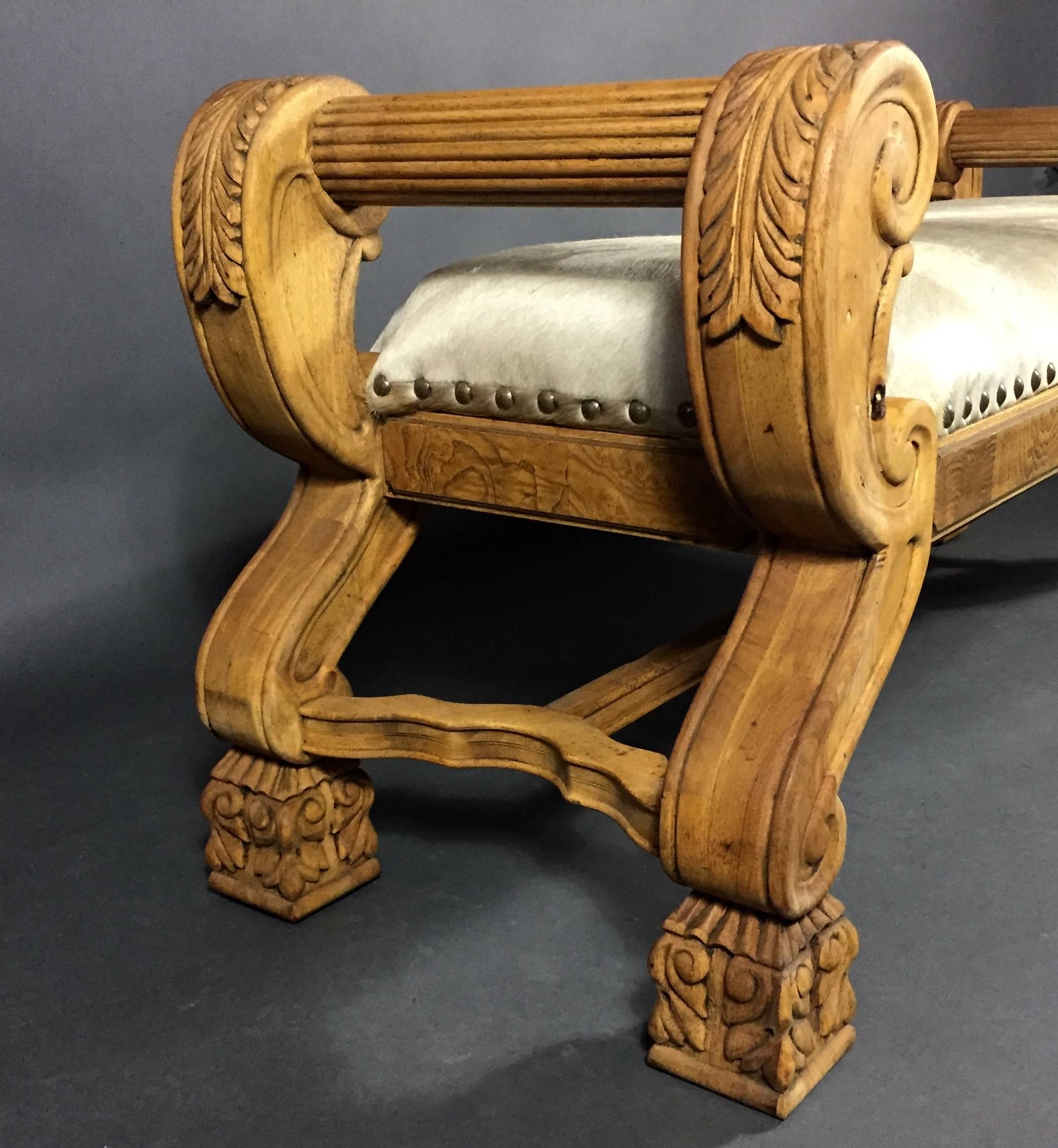 Carved Oak Scroll Arm Bench, Cowhide Seating, USA, 20th Century 1