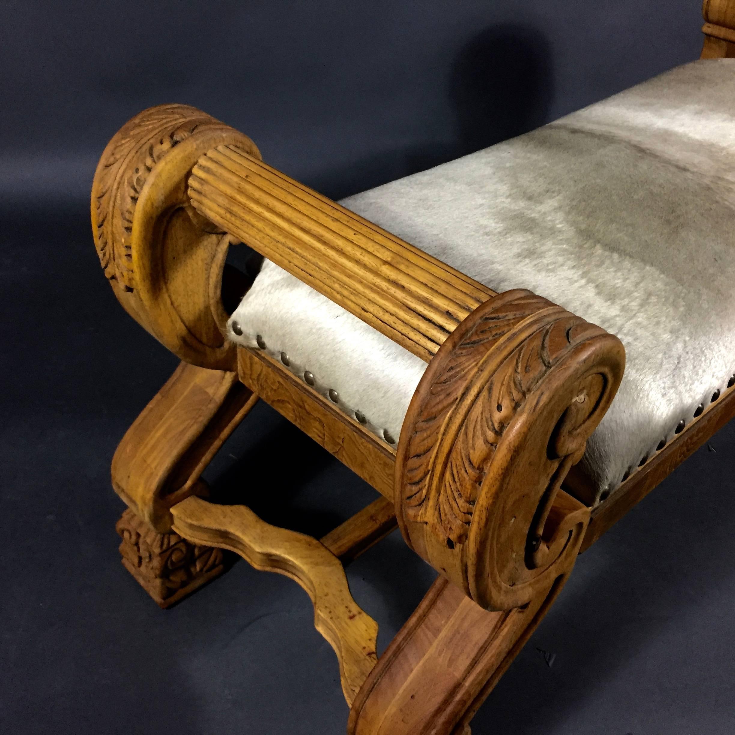 Carved Oak Scroll Arm Bench, Cowhide Seating, USA, 20th Century 3