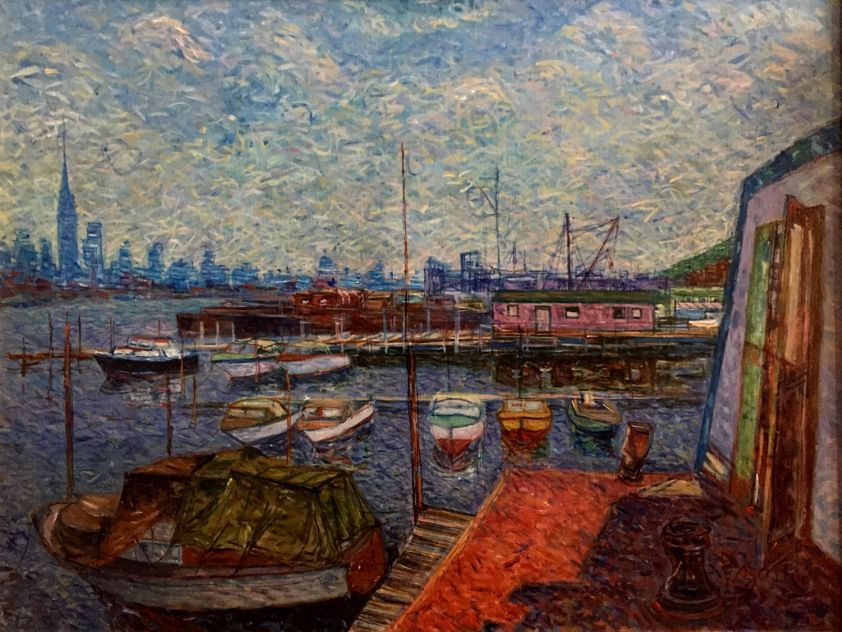 A celebrated Polish-American artist who spent much of his painting career living in New York City starting in the mid-1950s. His canvases are always filled with color and a vibrancy that speaks to a positive life outlook. This New York harbor scene