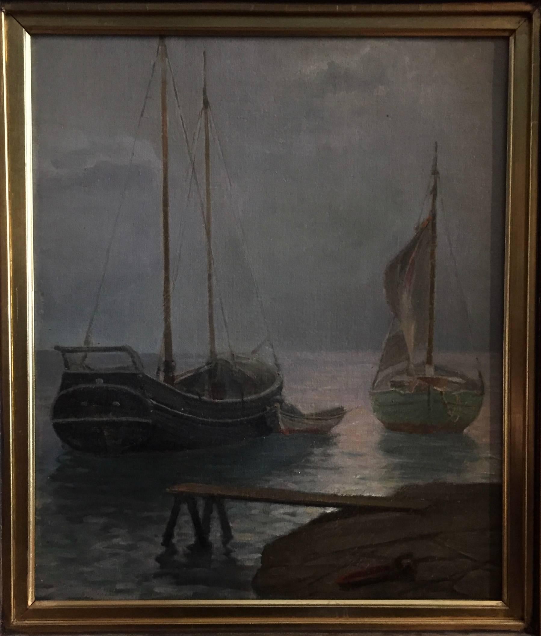 A rather moody seascape harbor scene by Danish painter Peter Busch. This one likely executed, circa 1900 after he settle in California. He is mentioned in Edan Hughes's book 