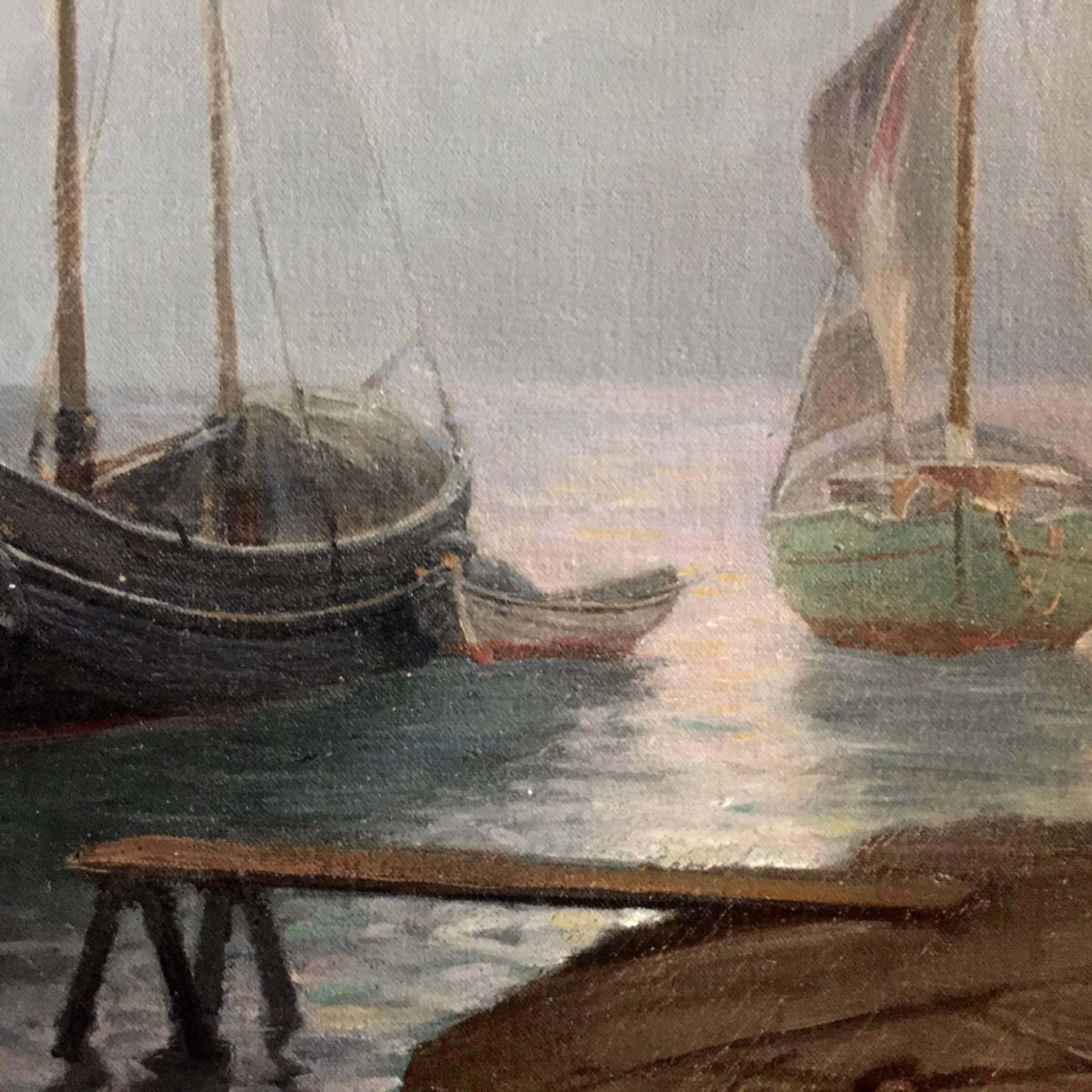 Arts and Crafts Peter Busch, Danish, Harbor Scene, circa 1900
