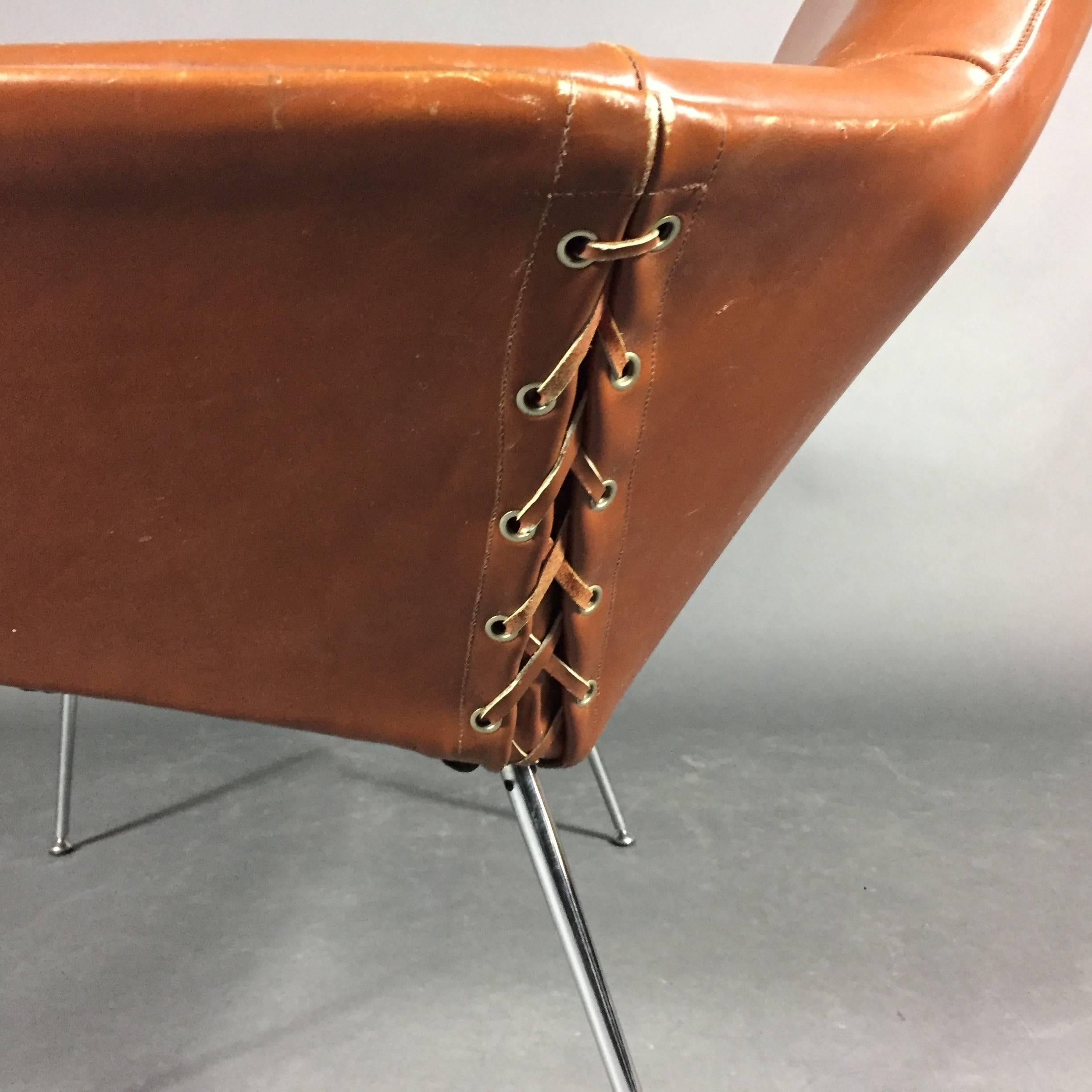 Danish Poul Nørreklit Leather and Steel Club Chair, Denmark 1960s