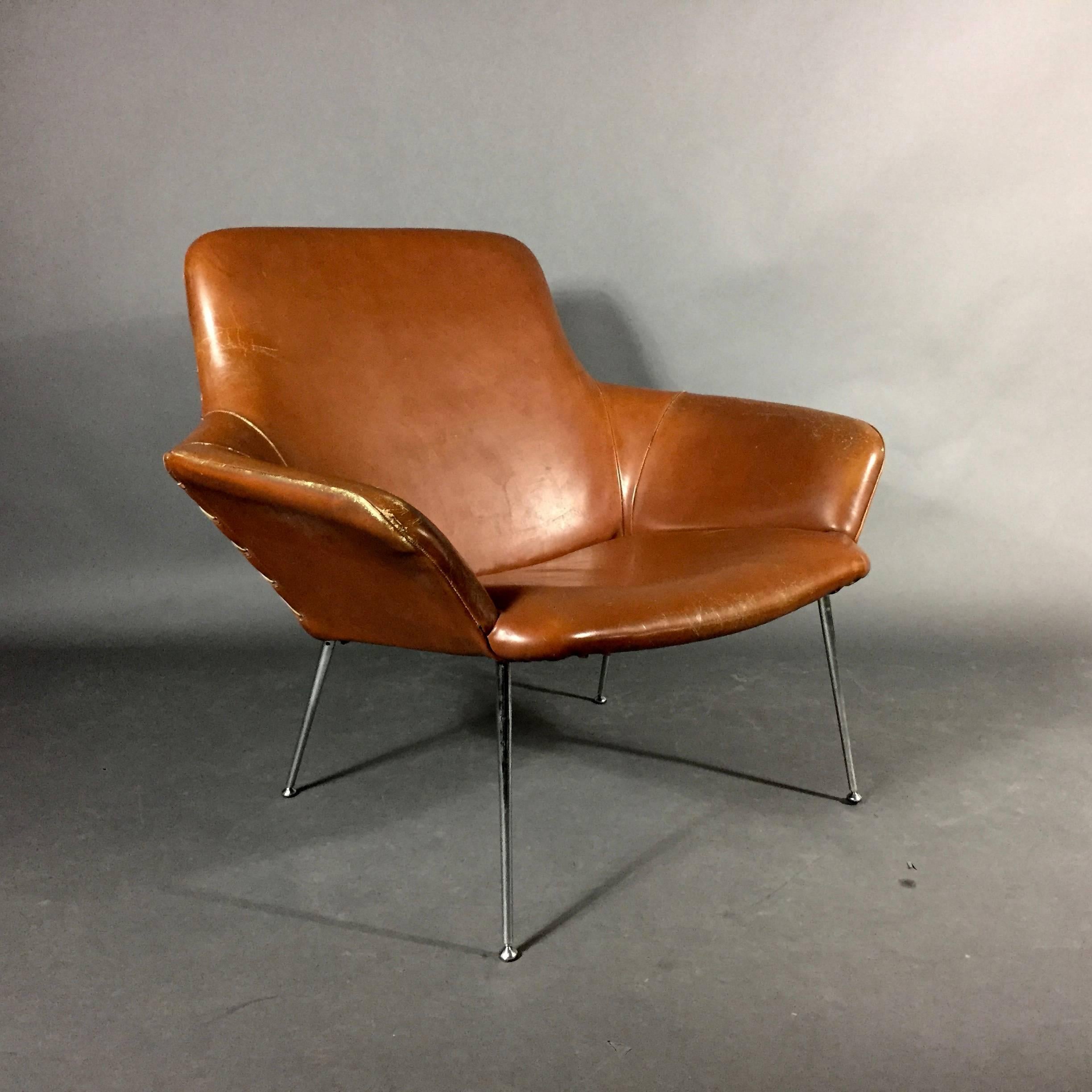 Scandinavian Modern Poul Nørreklit Leather and Steel Club Chair, Denmark 1960s