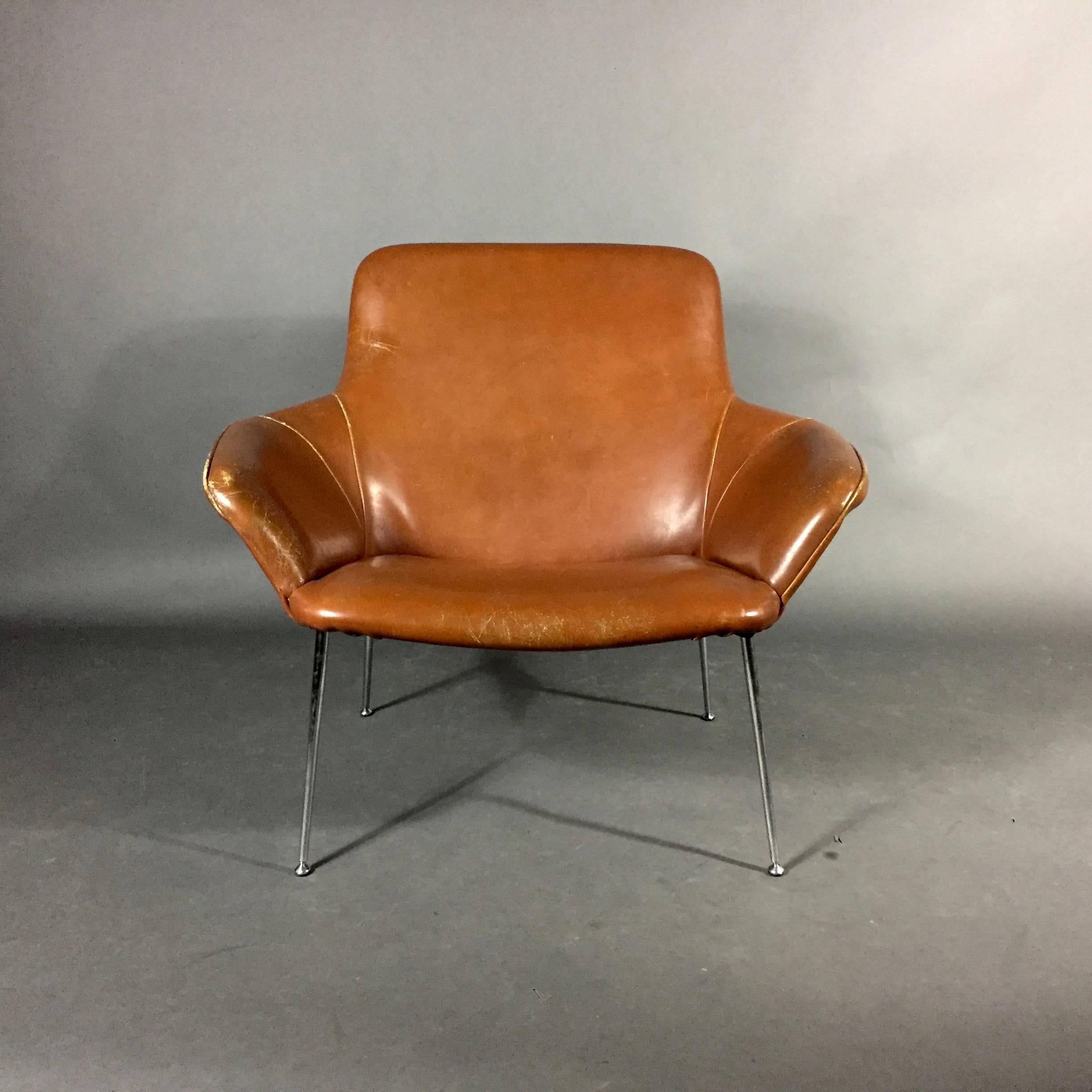 Mid-20th Century Poul Nørreklit Leather and Steel Club Chair, Denmark 1960s