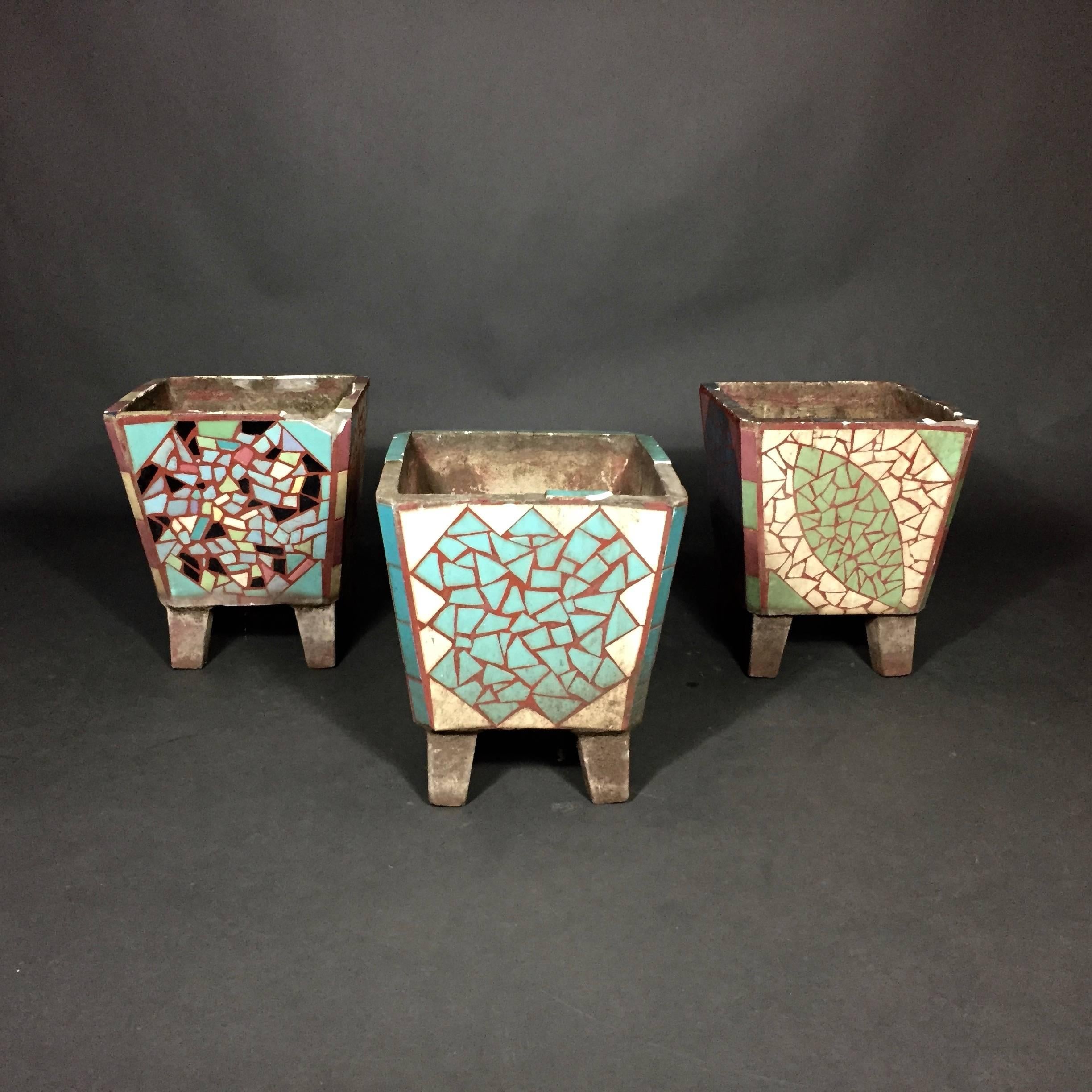 1950s American Cast Stone Tile Inlaid Garden Planters In Good Condition In Hudson, NY
