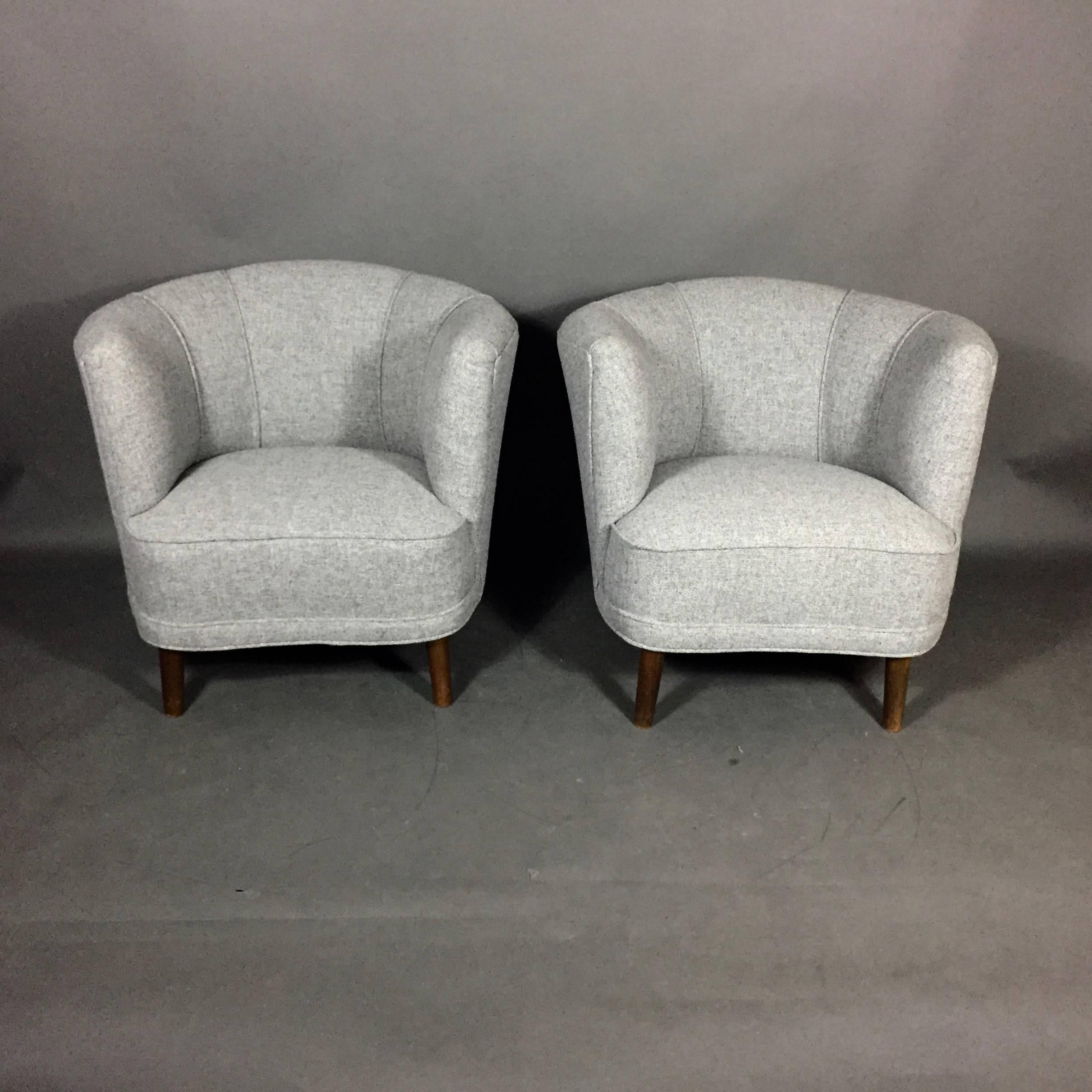 Wonderful smaller scale that one would expect for the late 1940s or early 1950s Scandinavian club chair with beautifully curved back and recently upholstered in a Halingdal wool. Great condition and comfort not to mention chic. Danish or Swedish.