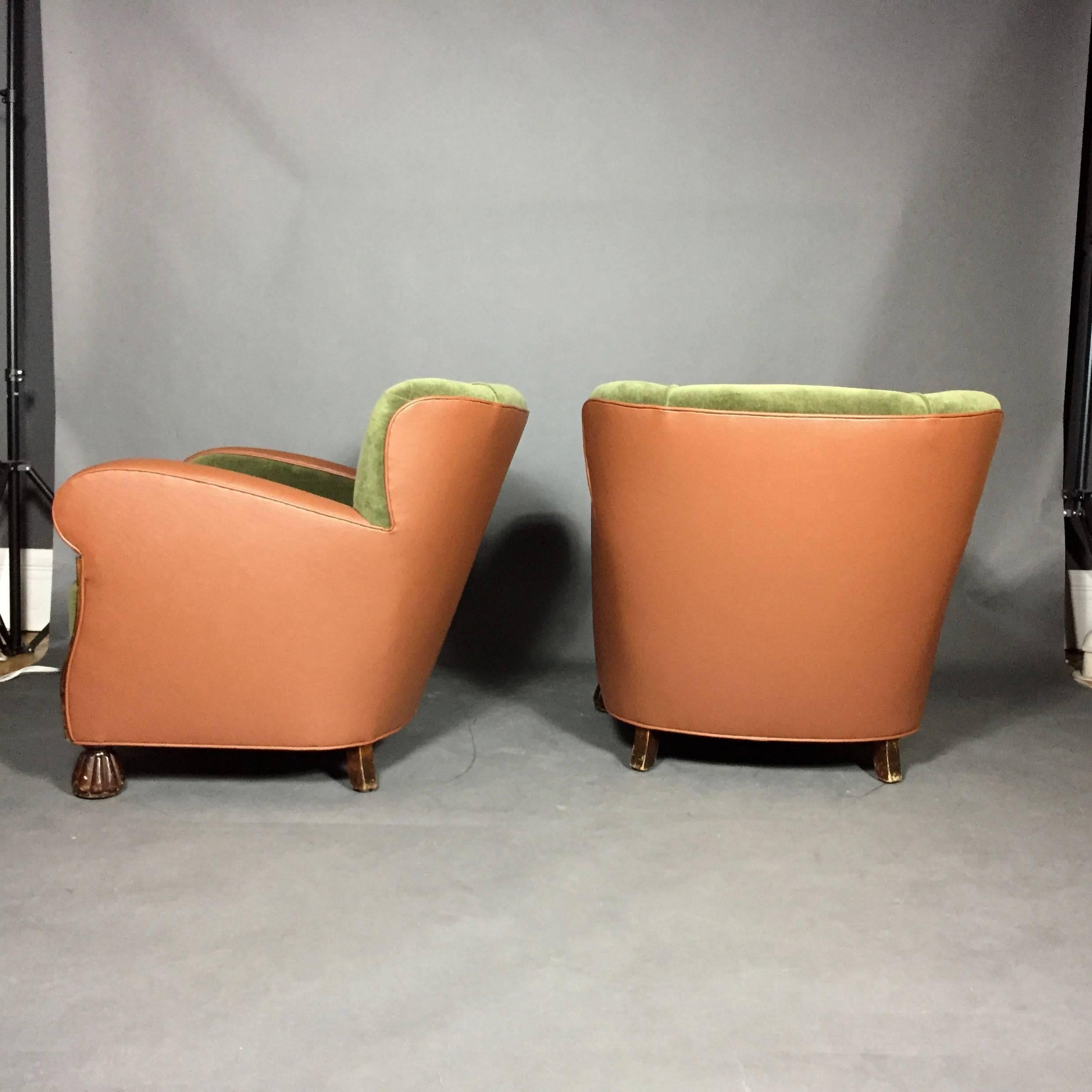 Baroque Revival Pair of Belgian 1930s Club Chairs, New Leather and Velvet Covers