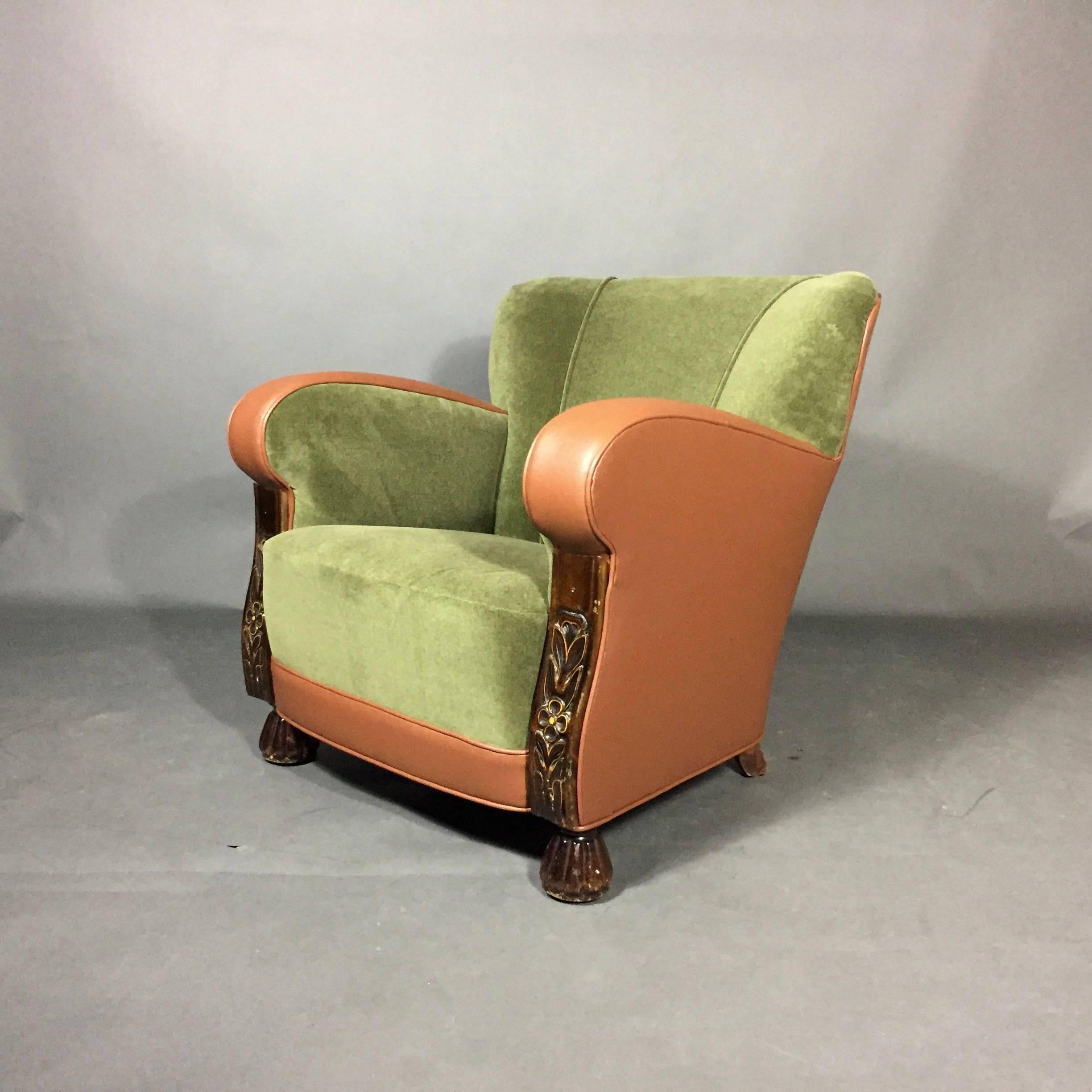 Mid-20th Century Pair of Belgian 1930s Club Chairs, New Leather and Velvet Covers