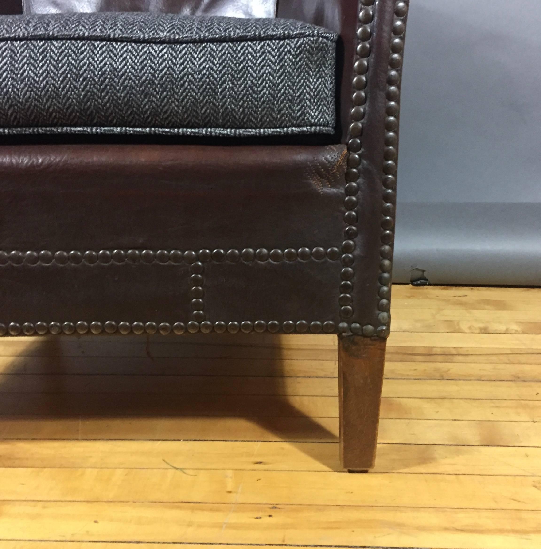 Arts and Crafts English 1940s Studded Leather Club Chair, Herringbone Cover