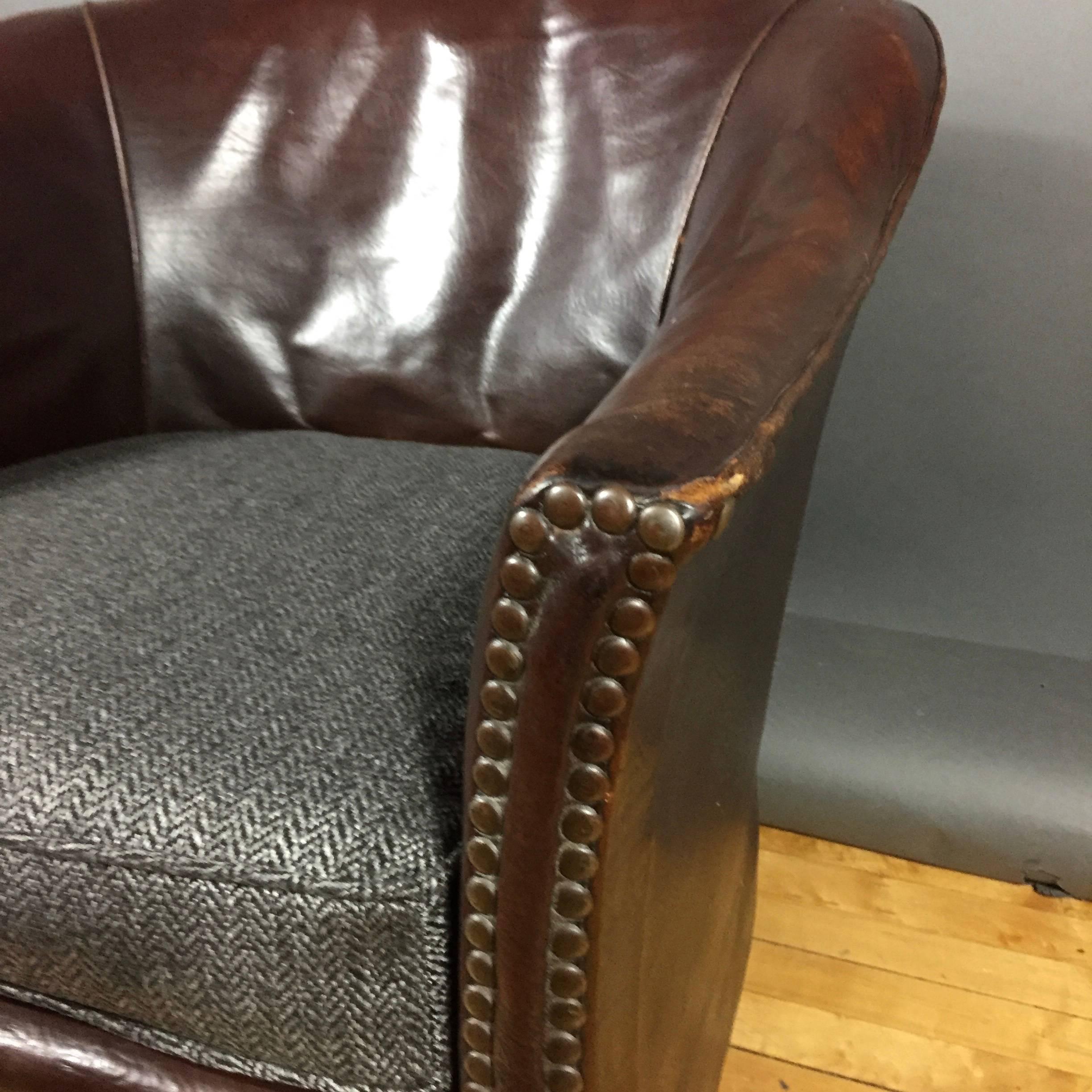 English 1940s Studded Leather Club Chair, Herringbone Cover In Good Condition In Hudson, NY