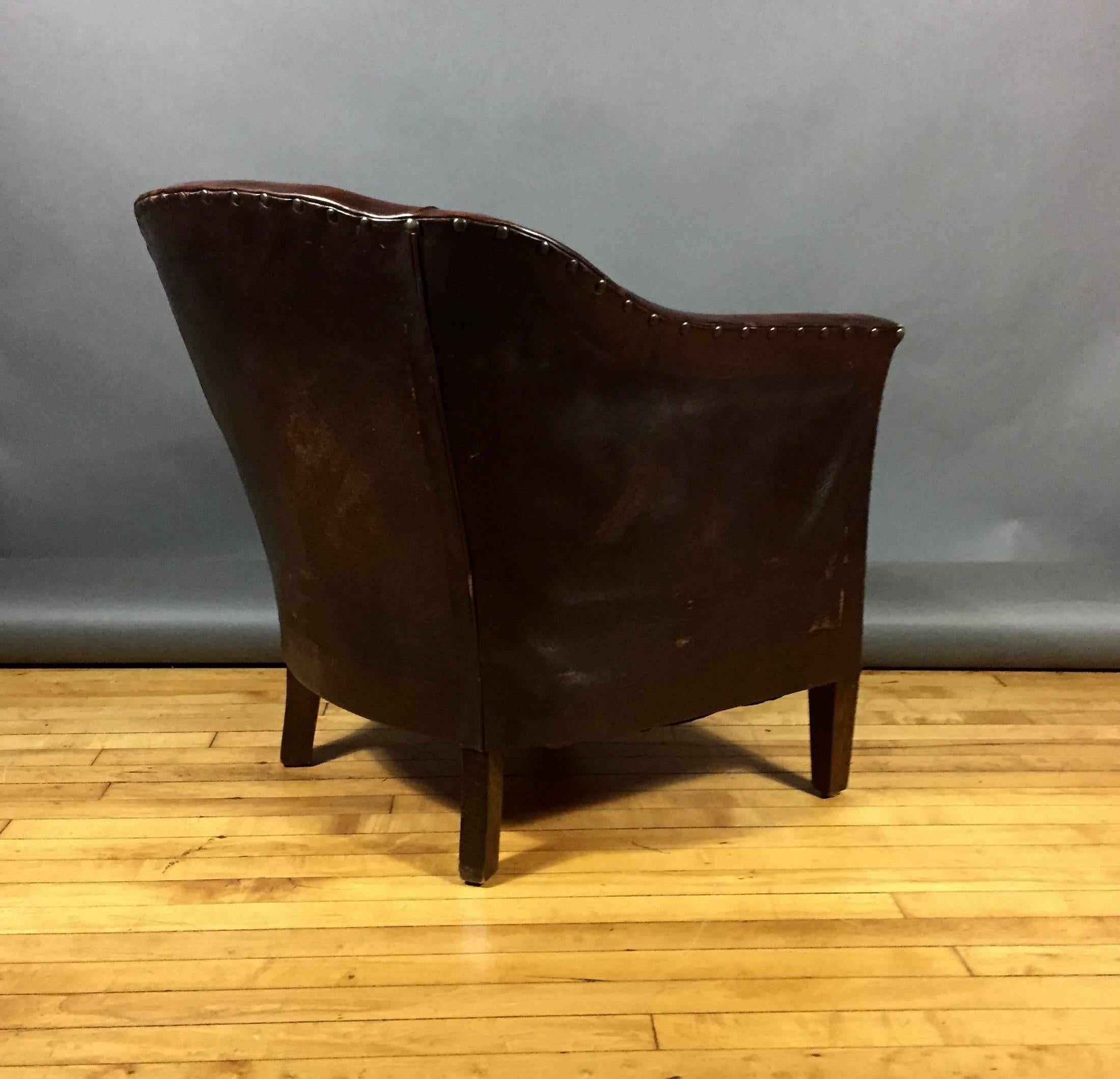 Mid-20th Century English 1940s Studded Leather Club Chair, Herringbone Cover