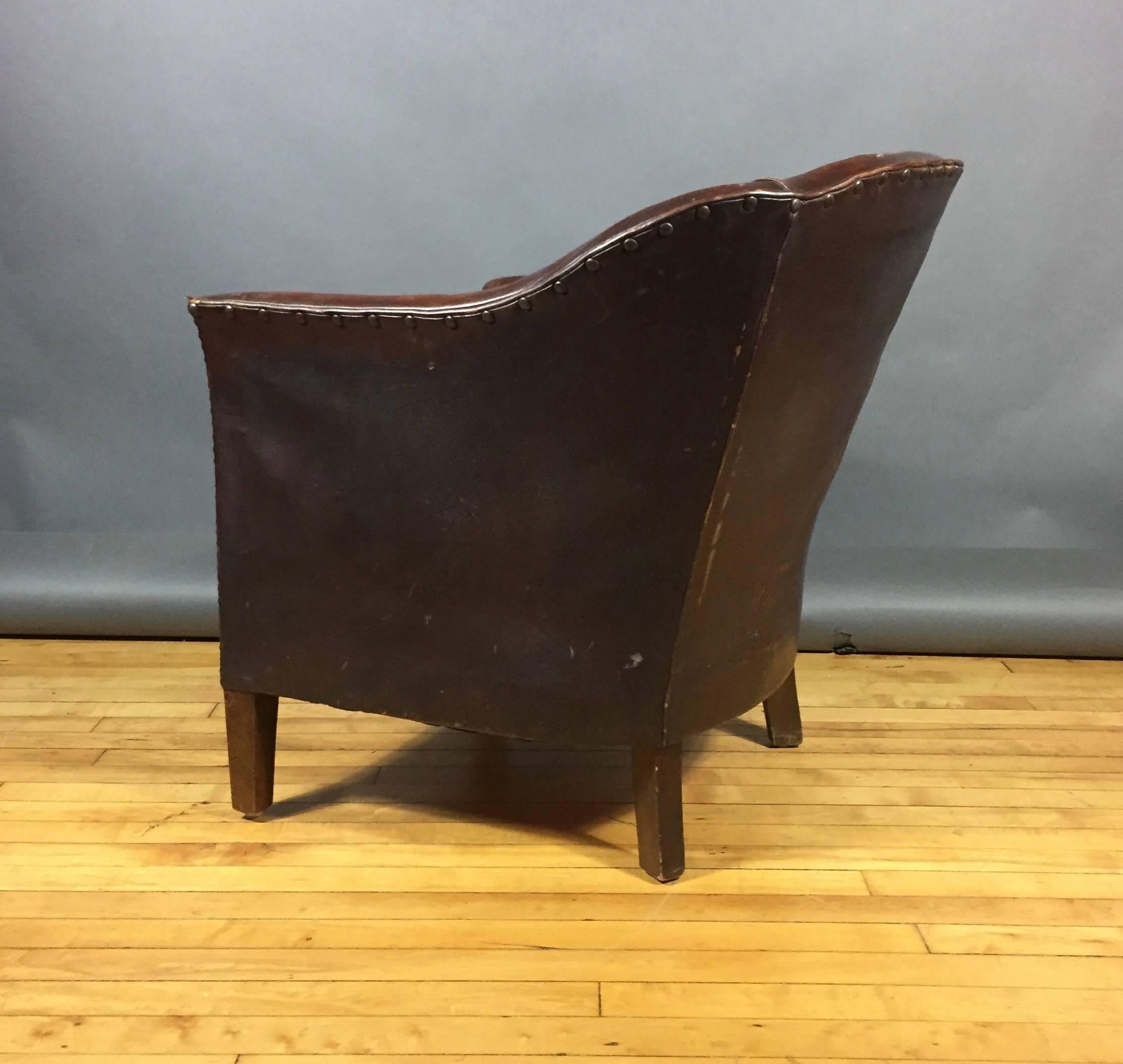 English 1940s Studded Leather Club Chair, Herringbone Cover 1