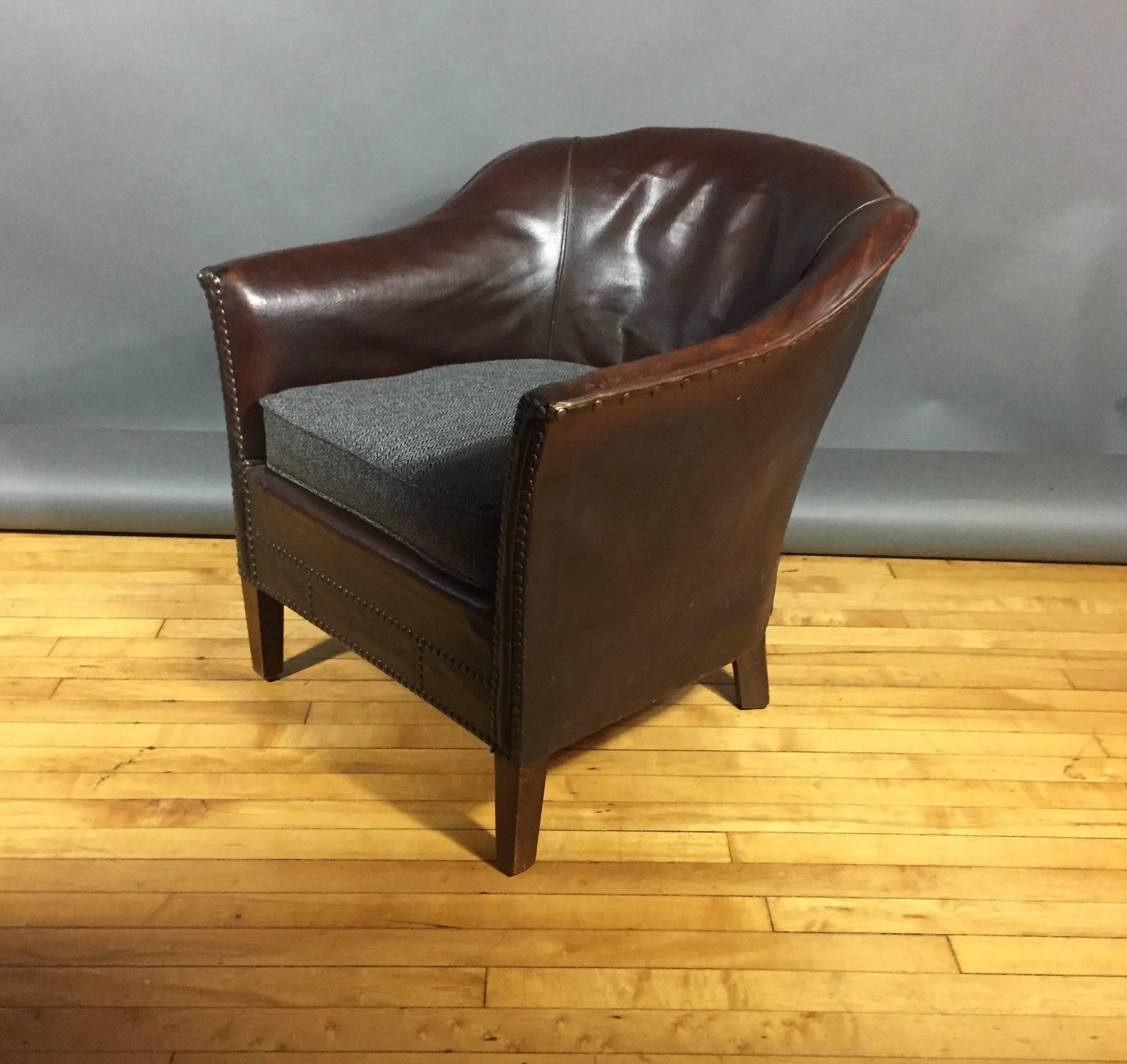 English 1940s Studded Leather Club Chair, Herringbone Cover 2