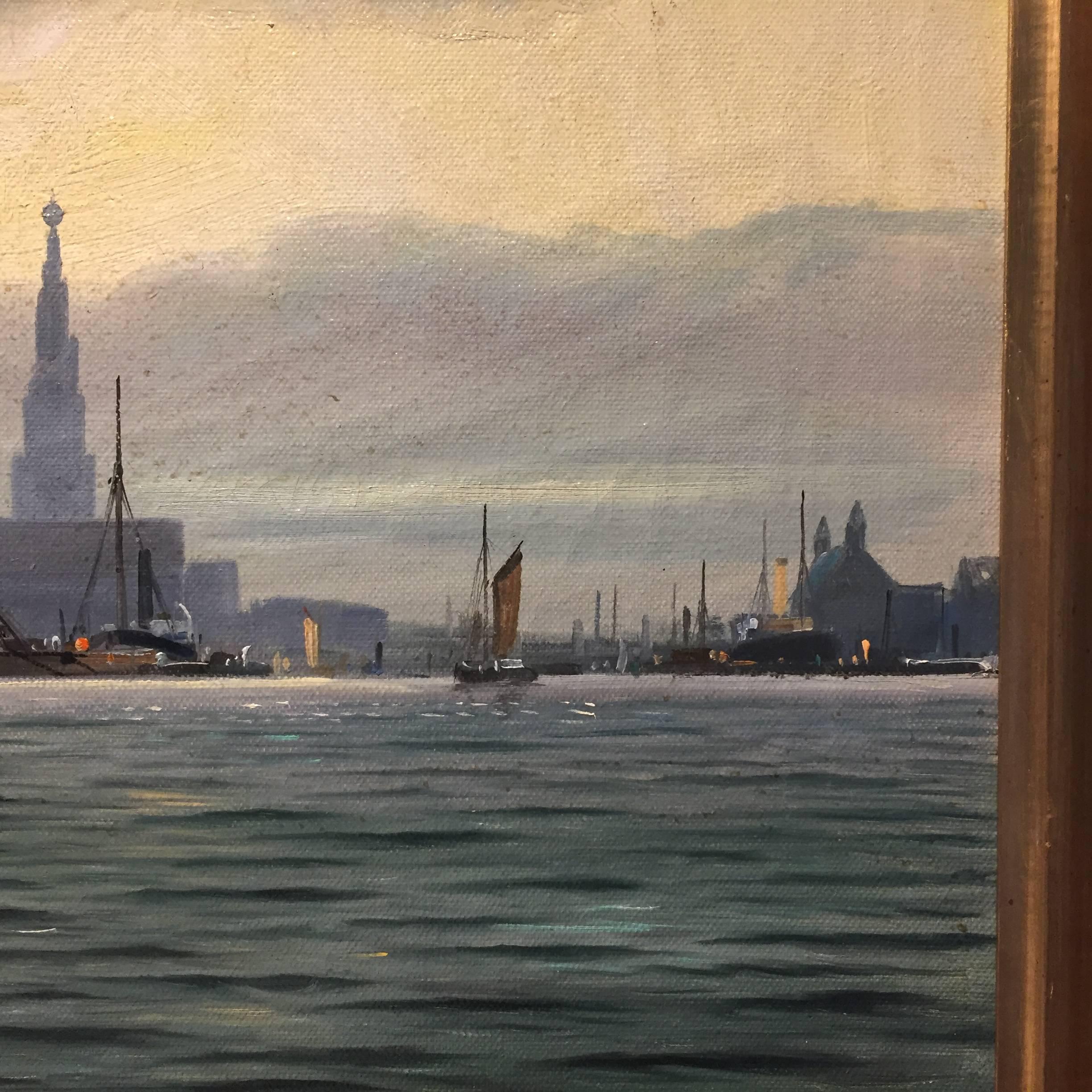 Copenhagen harbor at dusk with a dynamic evening light that illuminates a vibrant sky and commercial scene. Danish artist Arup Jensen (1906-1956) is known for his interest in shipping with notable contemporary and historical work. 59